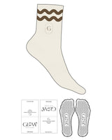 The 3/4 Crew Sock - Off White - GlowPilates - 2 Thick Wavy Lines - Top Logo "G" - Brown - Hexagon Shape Grip - Brown