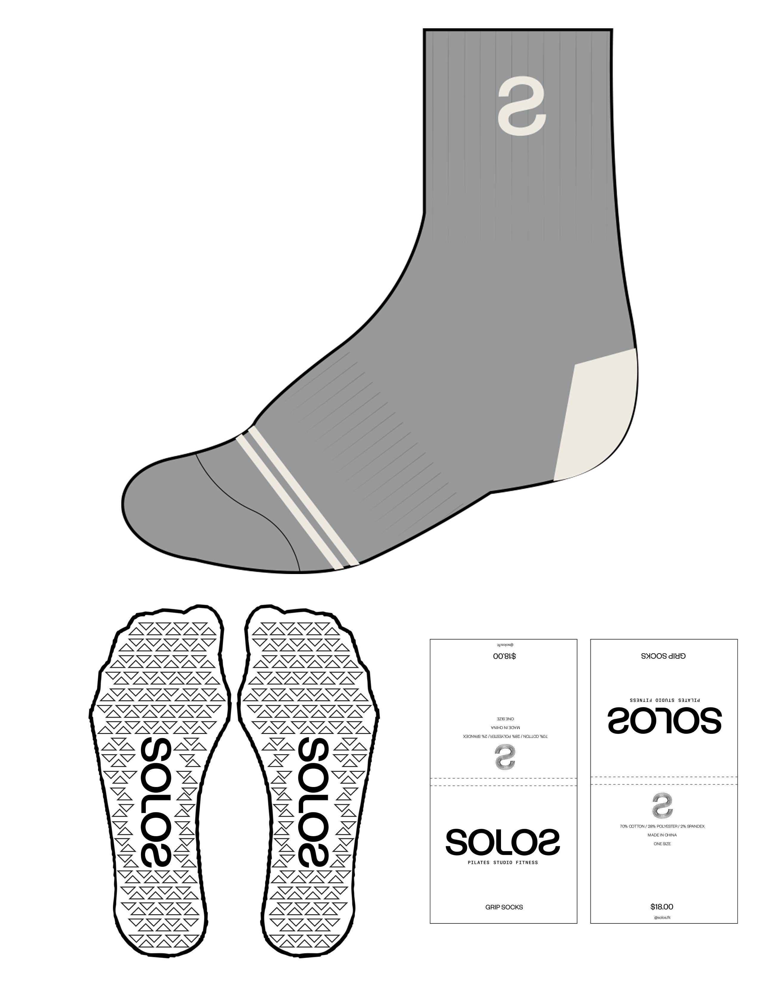 The 3/ 4 Crew Sock  - Grey - Solos Pilates-   Top S - Bottom Border - Off White - Triangle Grip - Transparent