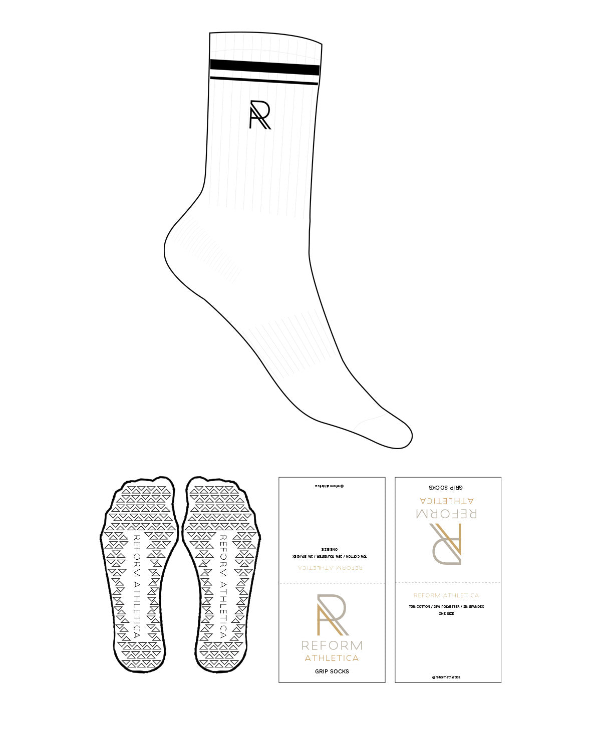 The Crew Sock - White - Reform Athletica - Ankle "R" -  2 Lines Top - Embroidered - Black - Triangle Shape Grip - Black
