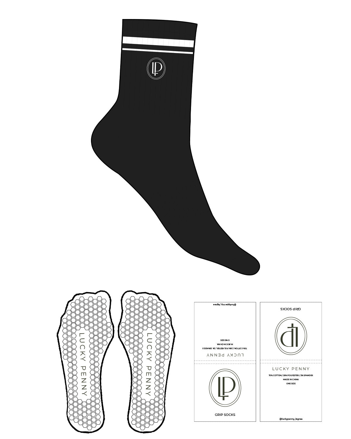 The 3/4 Crew Sock - Black - Lucky Penny - Top Logo - Embroidered - 2 Stripes - White - Hexagon Shape Grip - White