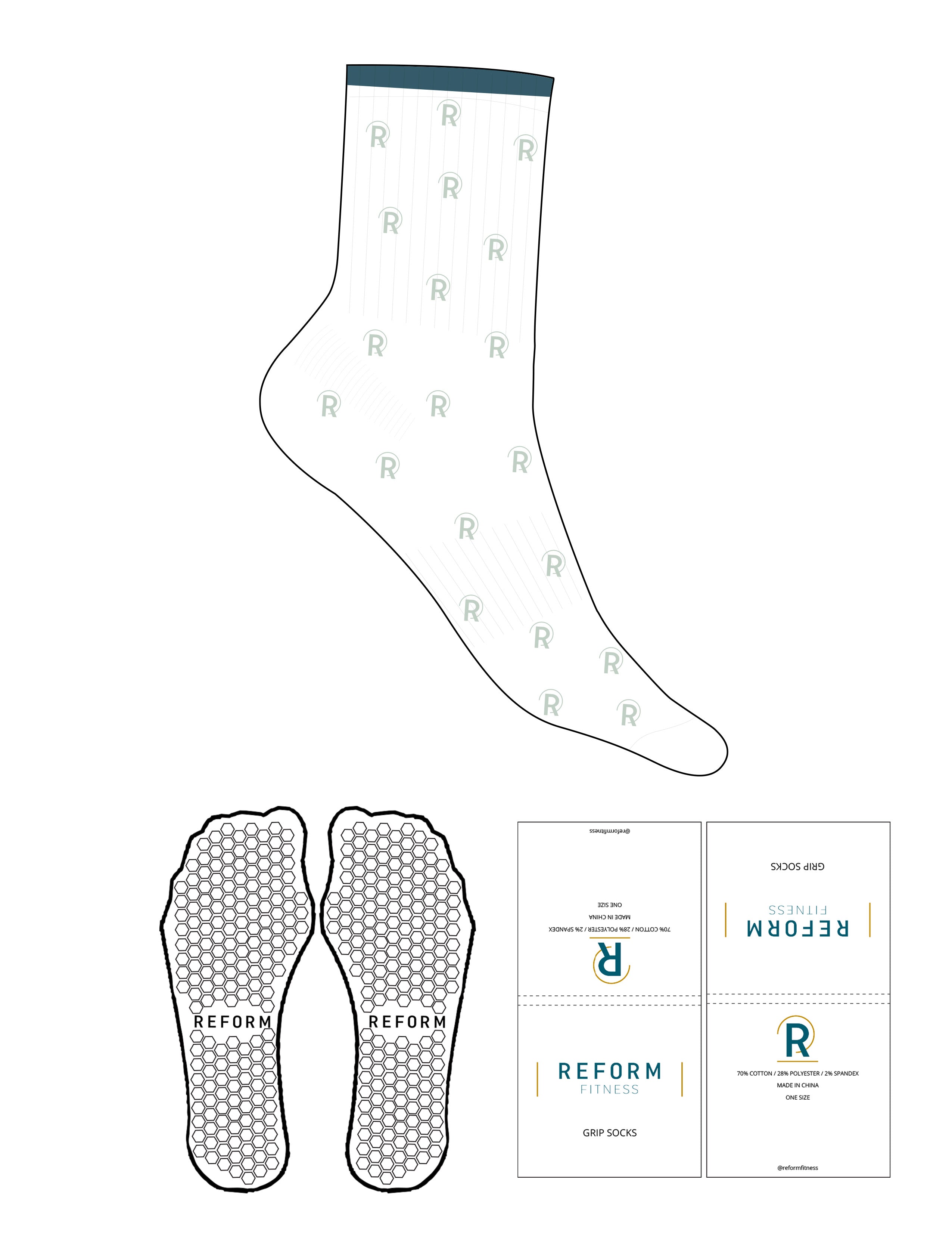 The 3/4 Crew Sock - White - Reform Fitness - Blue Smoke Stripe - Full Sock - Light Seafoam - Hexagon Grip - Blue Smoke