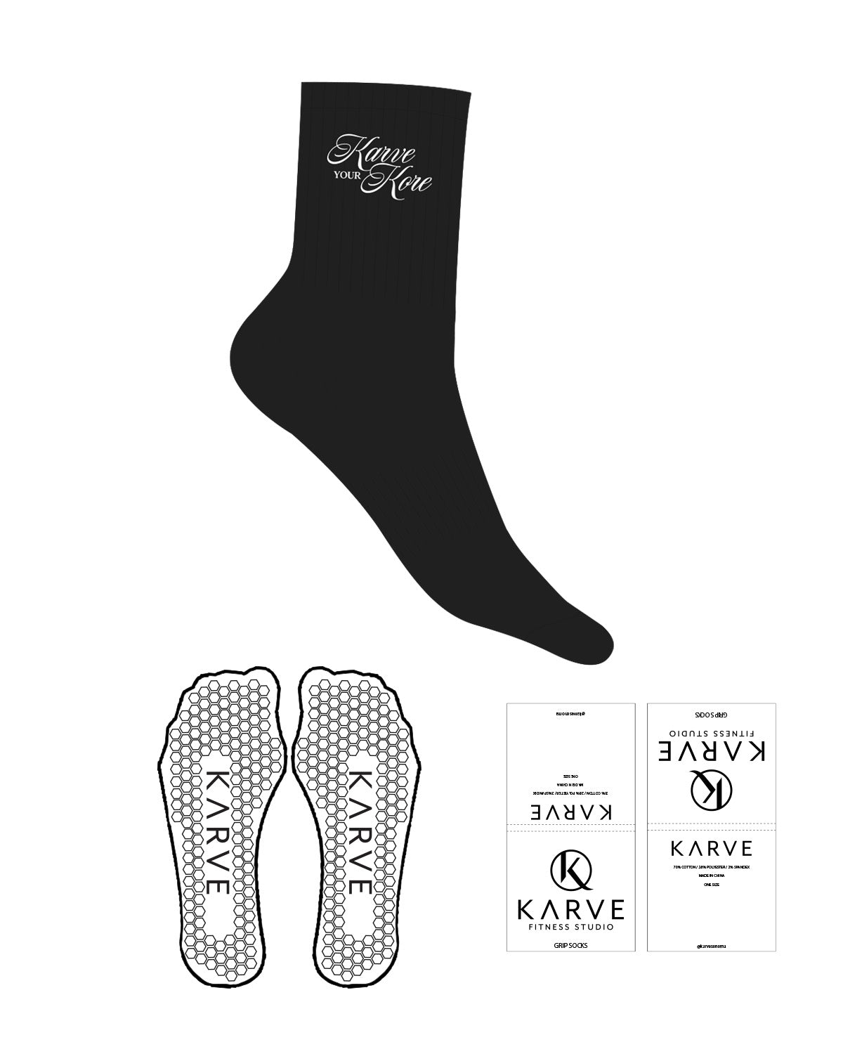 The 3/4 Crew Sock - Black - Karve - Top Logo Stacked - Embroidered - White - Hexagon Grip - White