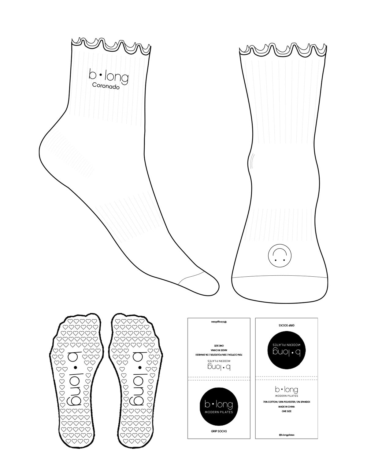 The 3/4 Crew Sock - White - B Long Pilates - Top "Coronado" & Front Logo - Embroidered & Printed - Black - Heart Shape Grip - Black