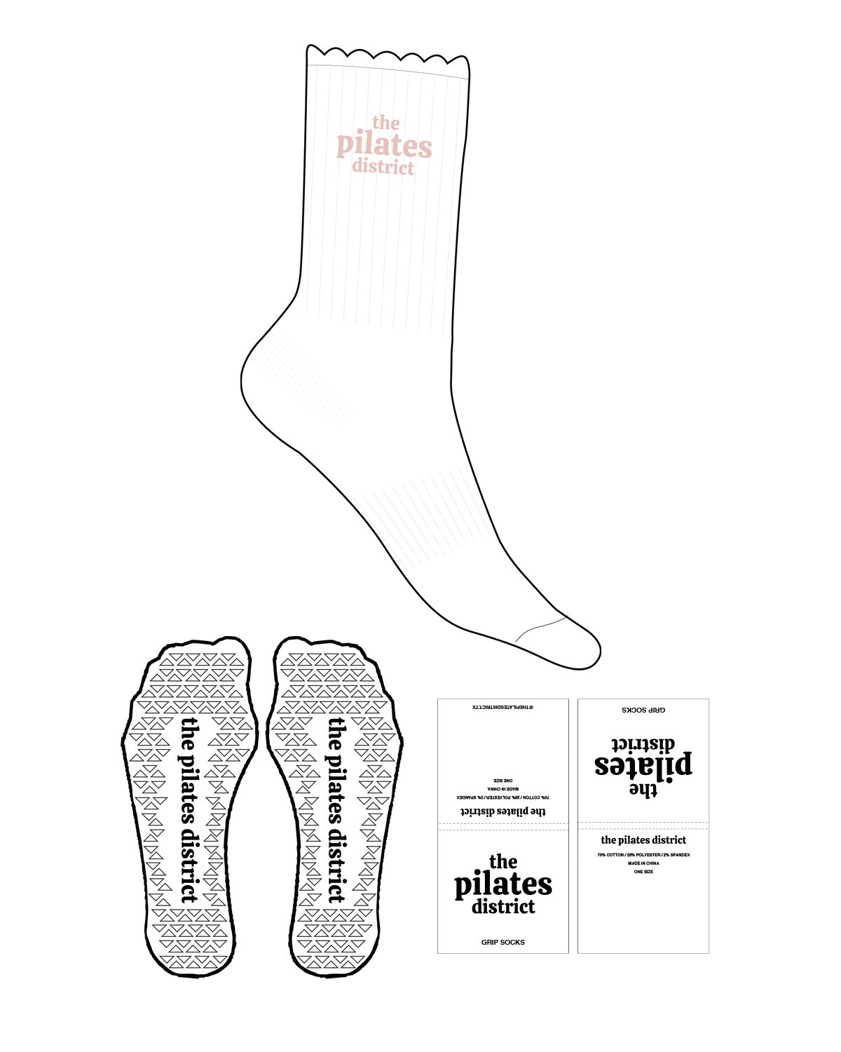 The Crew Sock - White - THE PILATES DISTRICT - Top Logo Stacked - Pink - Triangle Shape Grip - White