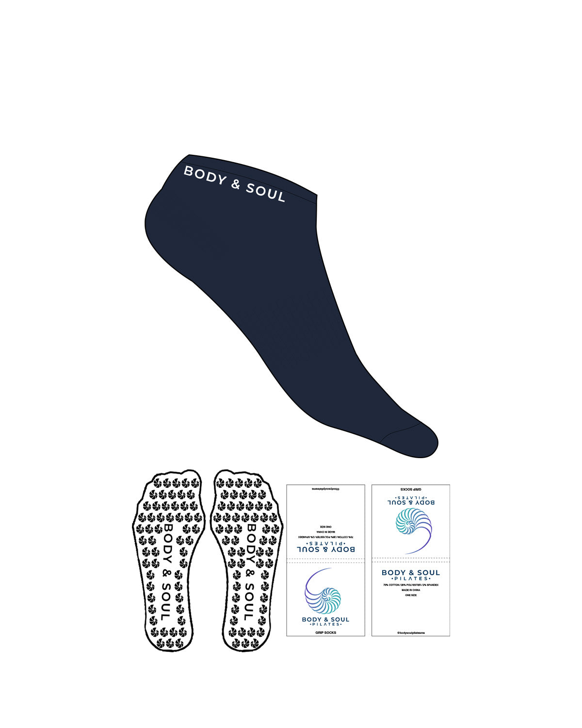 The Ankle Sock - Navy - Body & Soul - Both Sides - White - Custom Shape Grip - Transparent