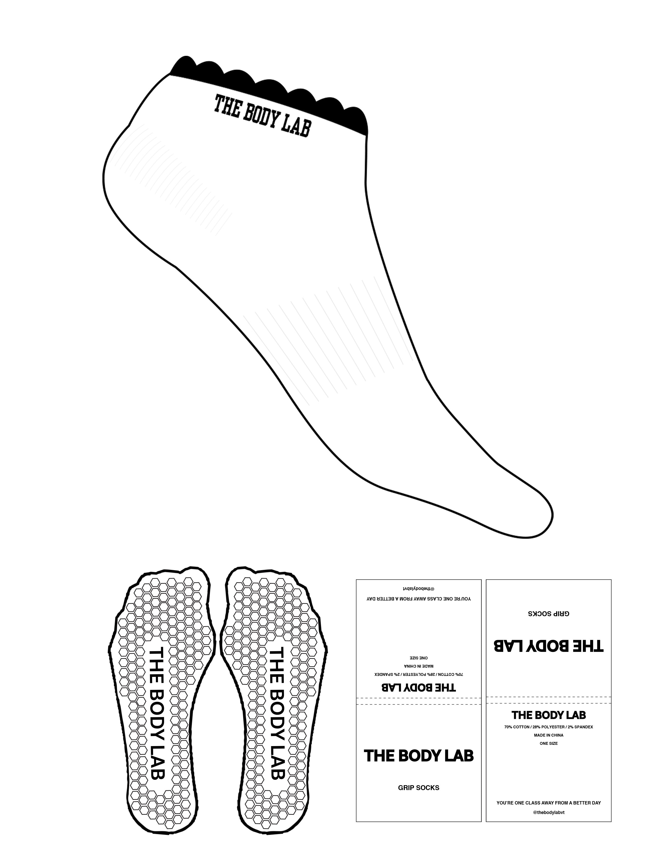 The Ankle Sock - White - Body Lab - Top Logo - Printed - Black - Hexagon Grip - Black