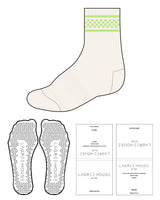 The 3/4 Crew Sock - Off White - Lagree House - Top Checkered & Bottom Text - Lime - Triangle Shape Grip - Transparent