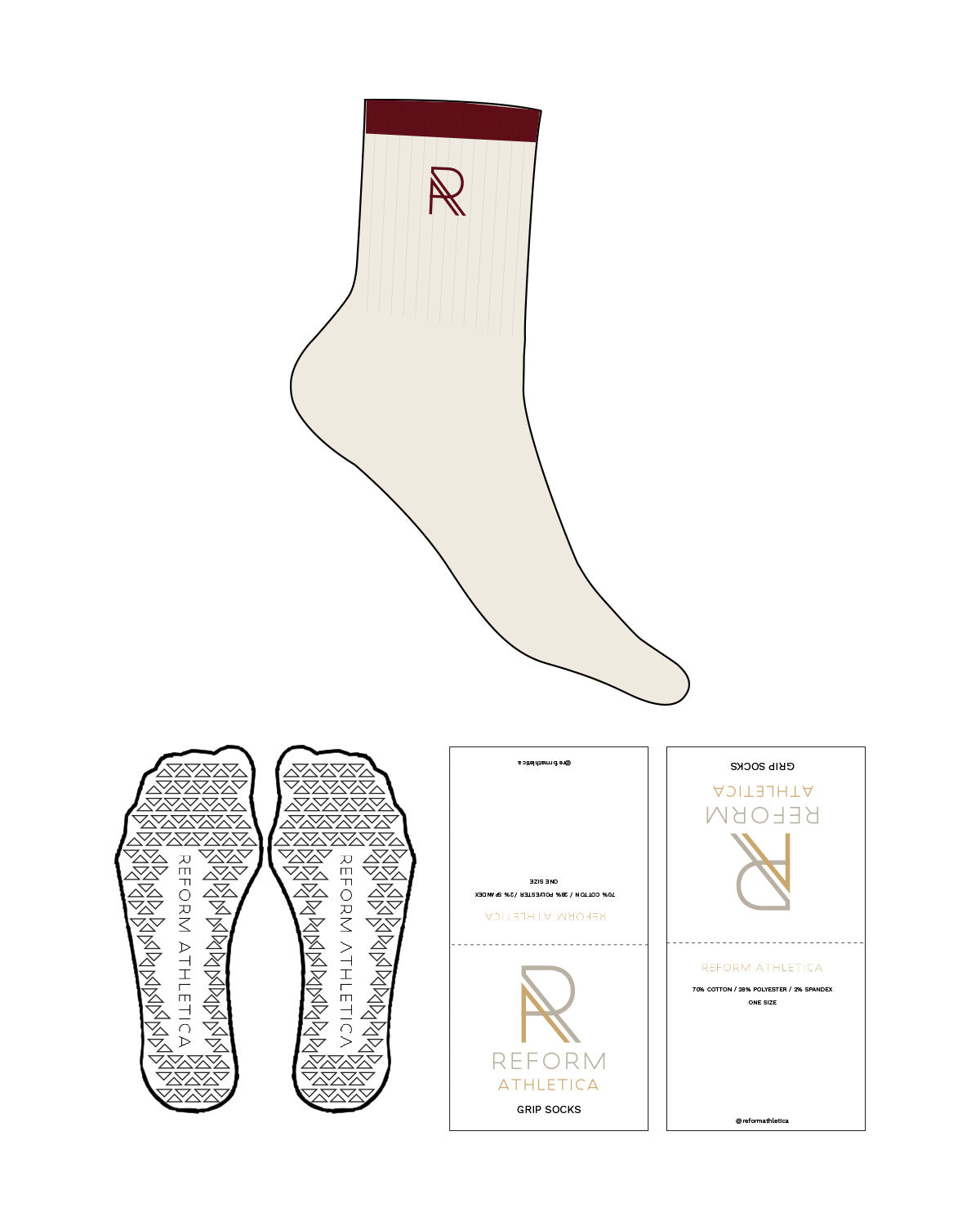 The 3/4 Crew Sock - Off White - Reform Athletica - Ankle "R" - Embroidered - Maroon - Triangle Shape Grip - Transparent