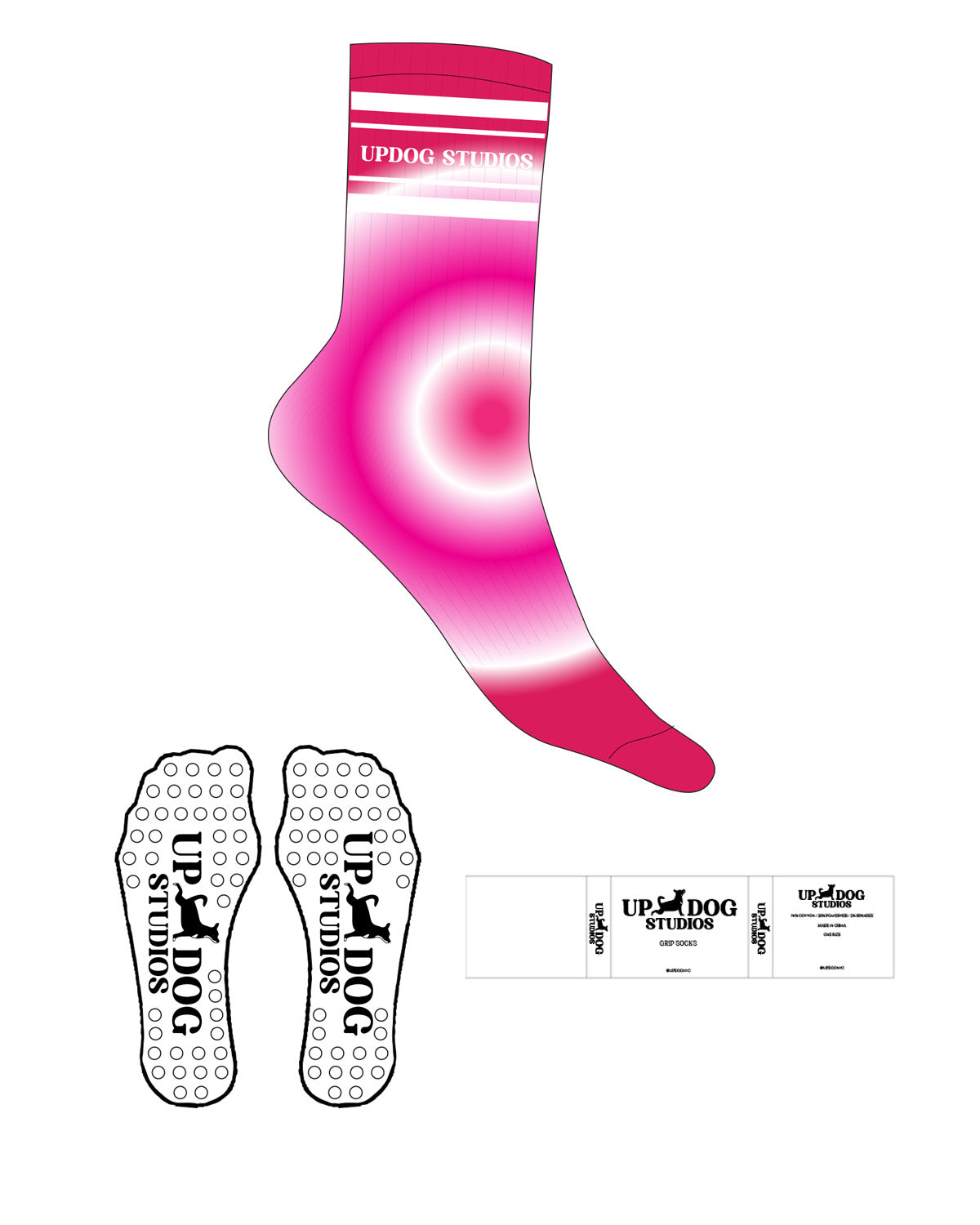 The Crew Sock - Tie Dye Pink - Updog Yoga - 4 Strips - Top Logo Between Strips - White - Circle Shape Grip - White