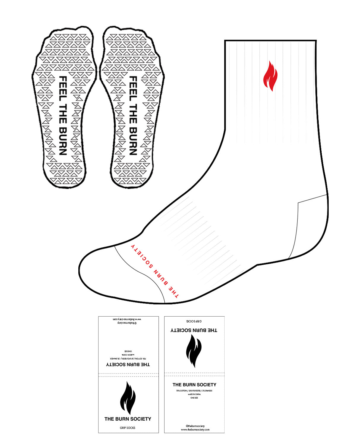 The 3/4 Crew Sock - White - The Burn Society - Top Logo & Bottom Center Toes - Red
