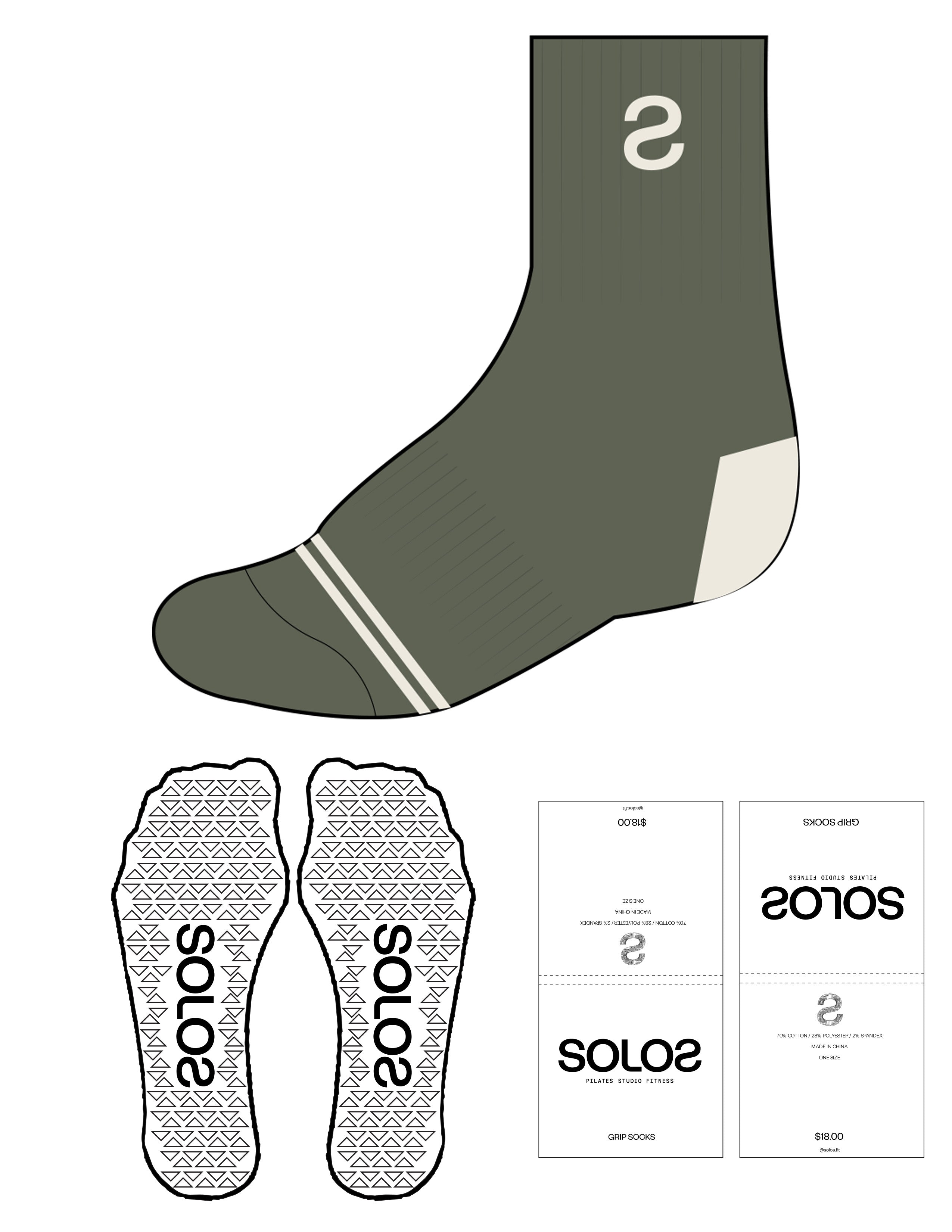 The 3/ 4 Crew Sock  - Cypress - Solos Pilates-   Top S - Bottom Border - Off White - Triangle Grip - Transparent