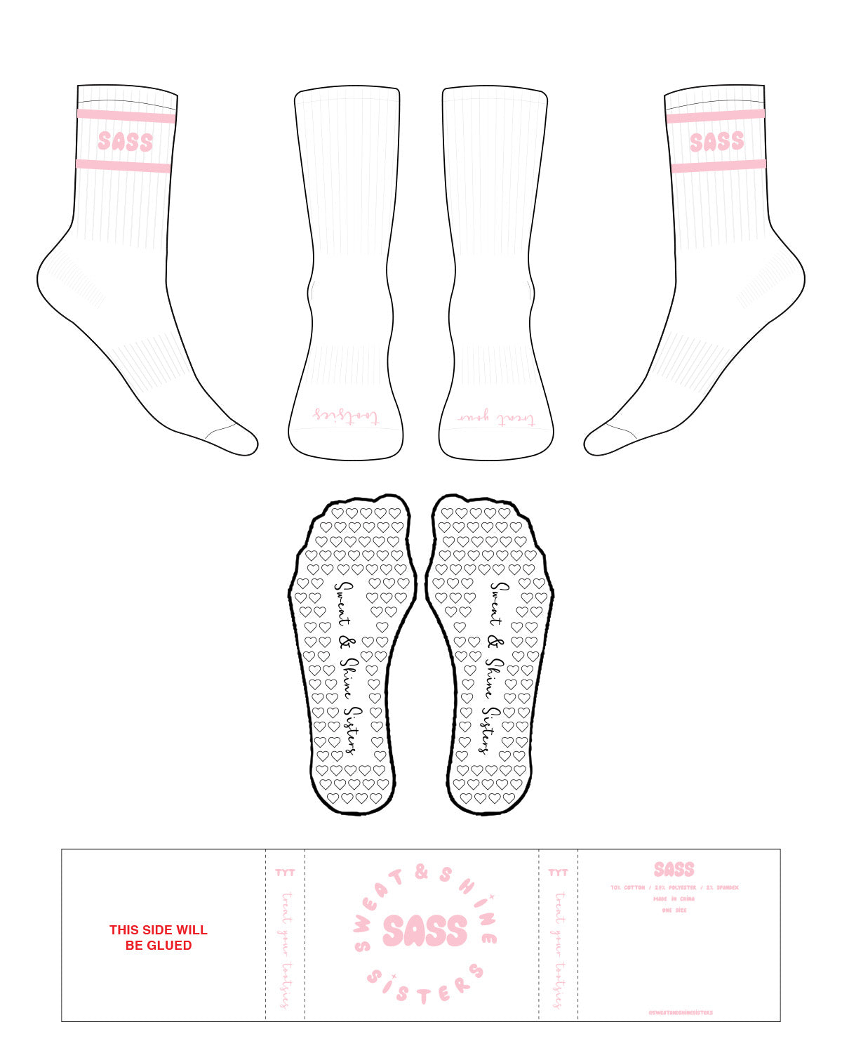 The Crew Sock - White - Sweat & Shine - Tip & Top Dual Border - Pink Heart Shape Grip - Pink