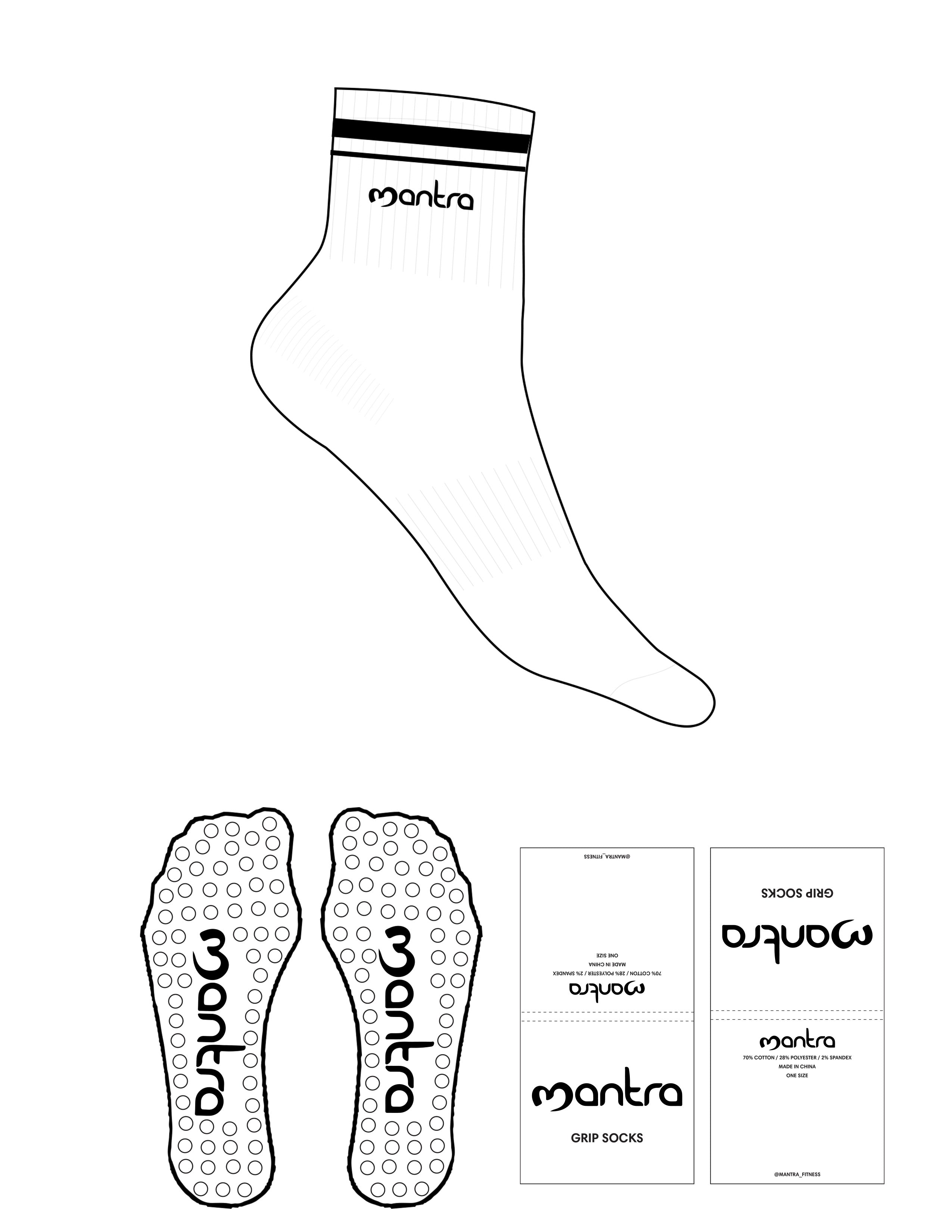 The 1/2 Crew Sock - White - Mantra - 2 Stripes Printed - Top Logo Embroidered - Black - Circle Grip - Black