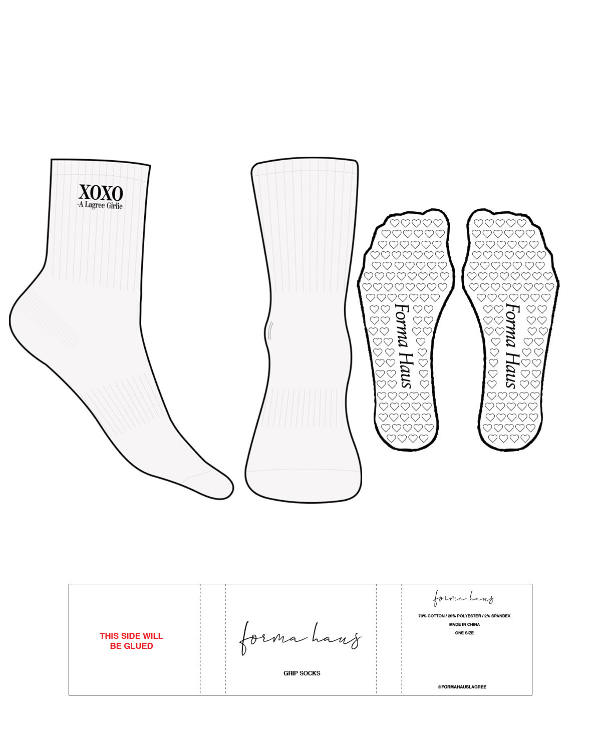 The 3/4 Crew Sock - White Heather - Forma Haus - Top Ankle Text Stacked - Embroidered - Black - Heart Shape Grip - Transparent