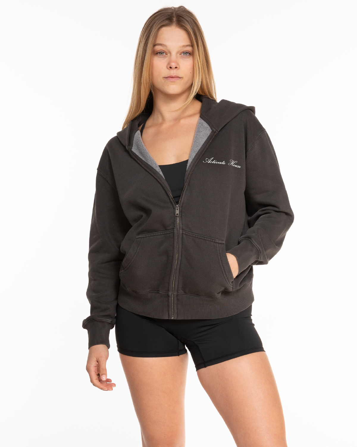 The Womens Zip Hoodie - Washed Black - Activate House - Left Chest - Embroidered - White
