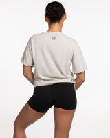The Womens Heavyweight Tee - Washed Bone - Anthem Church - Left Chest Stacked & Back Neckline - Washed Gray