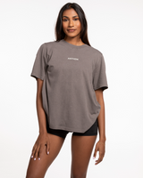 The Womens Heavyweight Tee - Washed Gray - Anthem Church - Center Chest & Center Back Stacked - Washed Bone