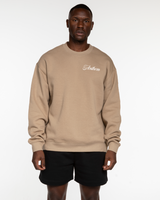 The Mens Crewneck - Sand - Anthem Church - Left Chest & Full Back - White