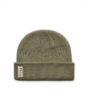 The Cable Knit Beanie - Eucalyptus - Ethos Q4 Photoshoot - Right Side Brim - Embroidered - Washed Bone
