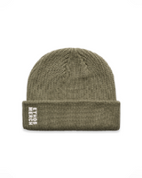 The Cable Knit Beanie - Eucalyptus - Ethos Q4 Photoshoot - Right Side Brim - Embroidered - Washed Bone