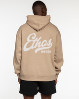 The Mens Hoodie - Sand - Ethos Q4 Photoshoot - Left Chest & Back Stacked - Printed - Washed Bone