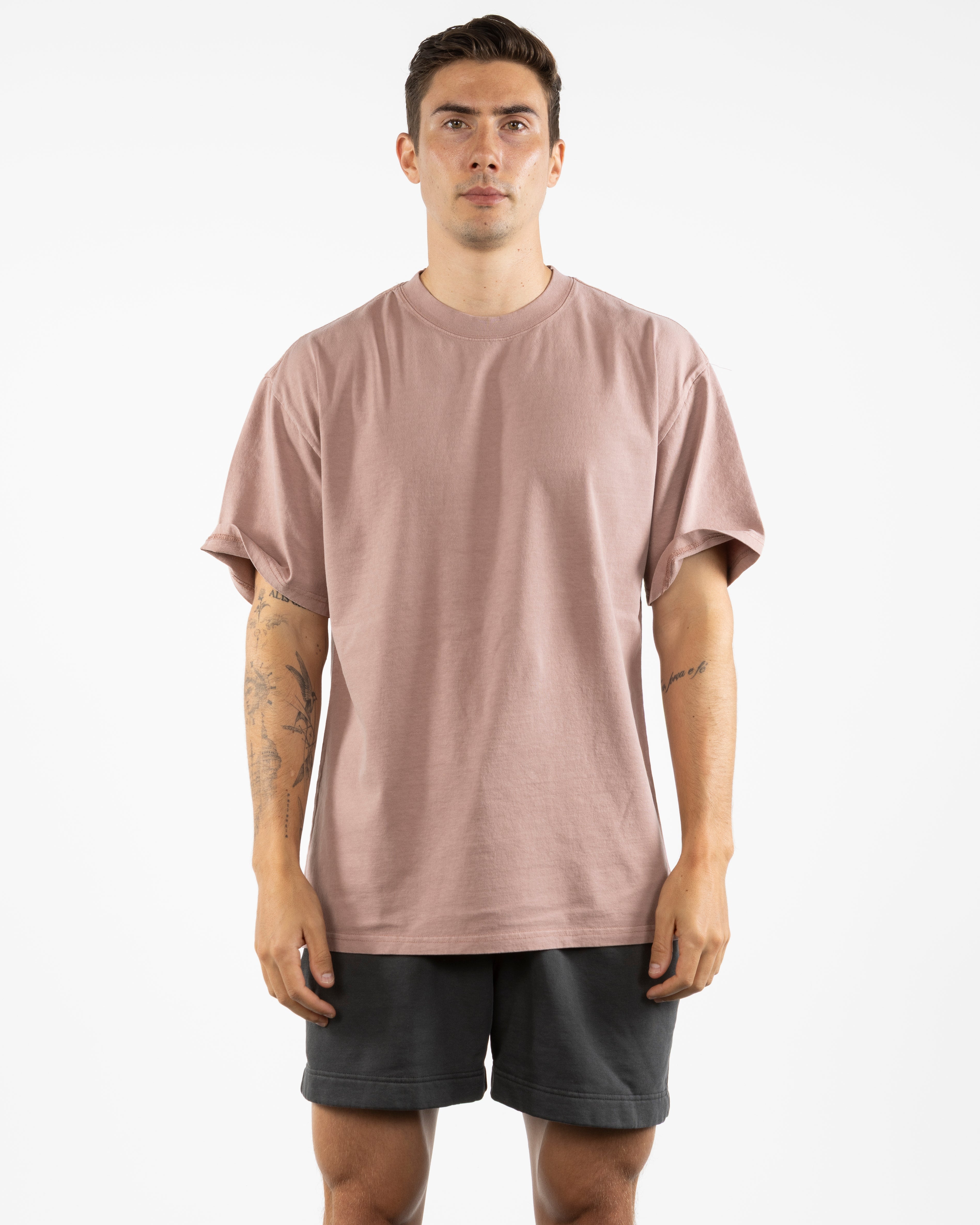 The Mens Heavyweight Tee - Washed Pink - PHS - Left Chest Stacked & Back Stacked - Printed - White