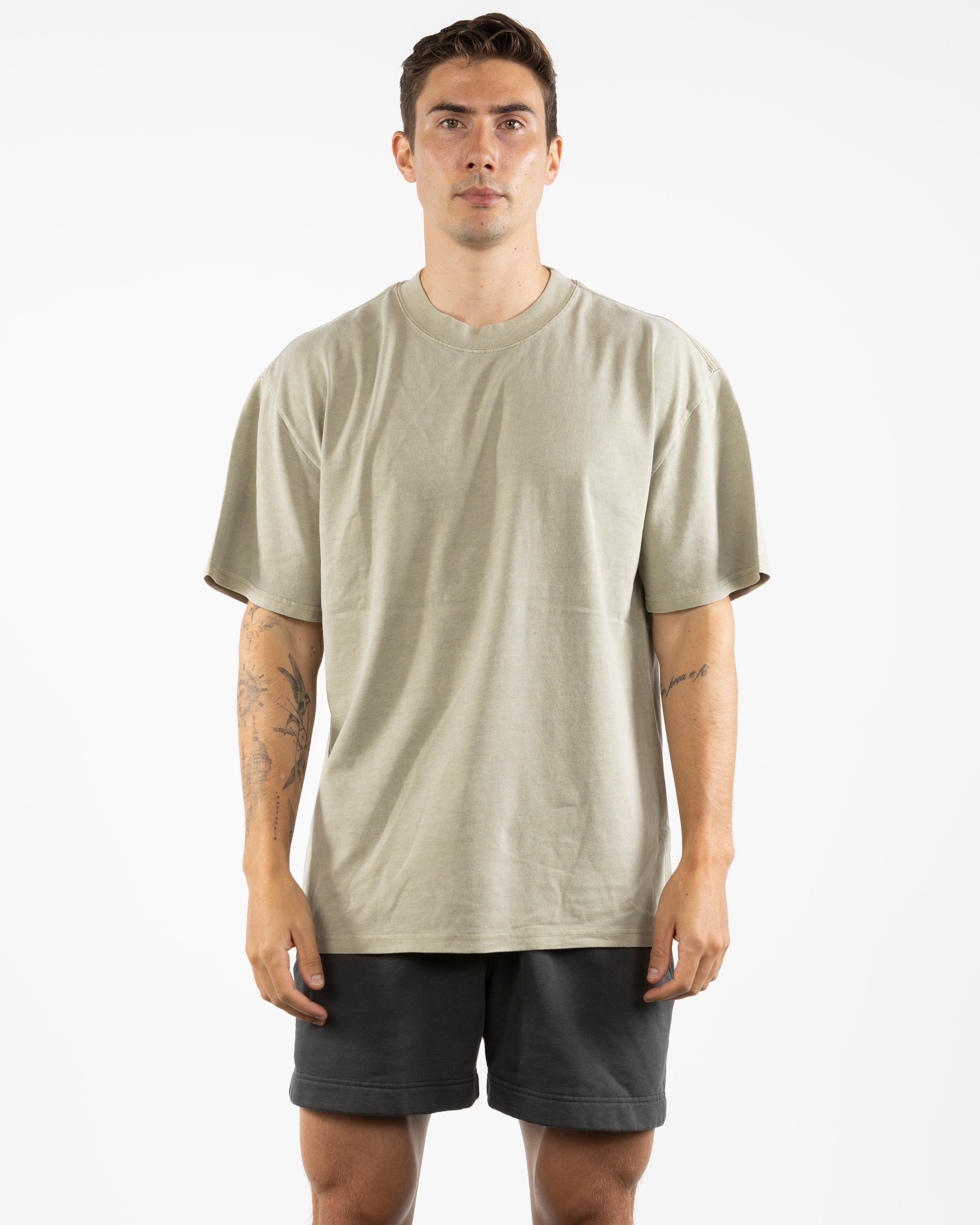 The Mens Heavyweight Tee - Washed Eucalyptus - Necessity Coffee - Left Chest & Back Image - Printed - Off White