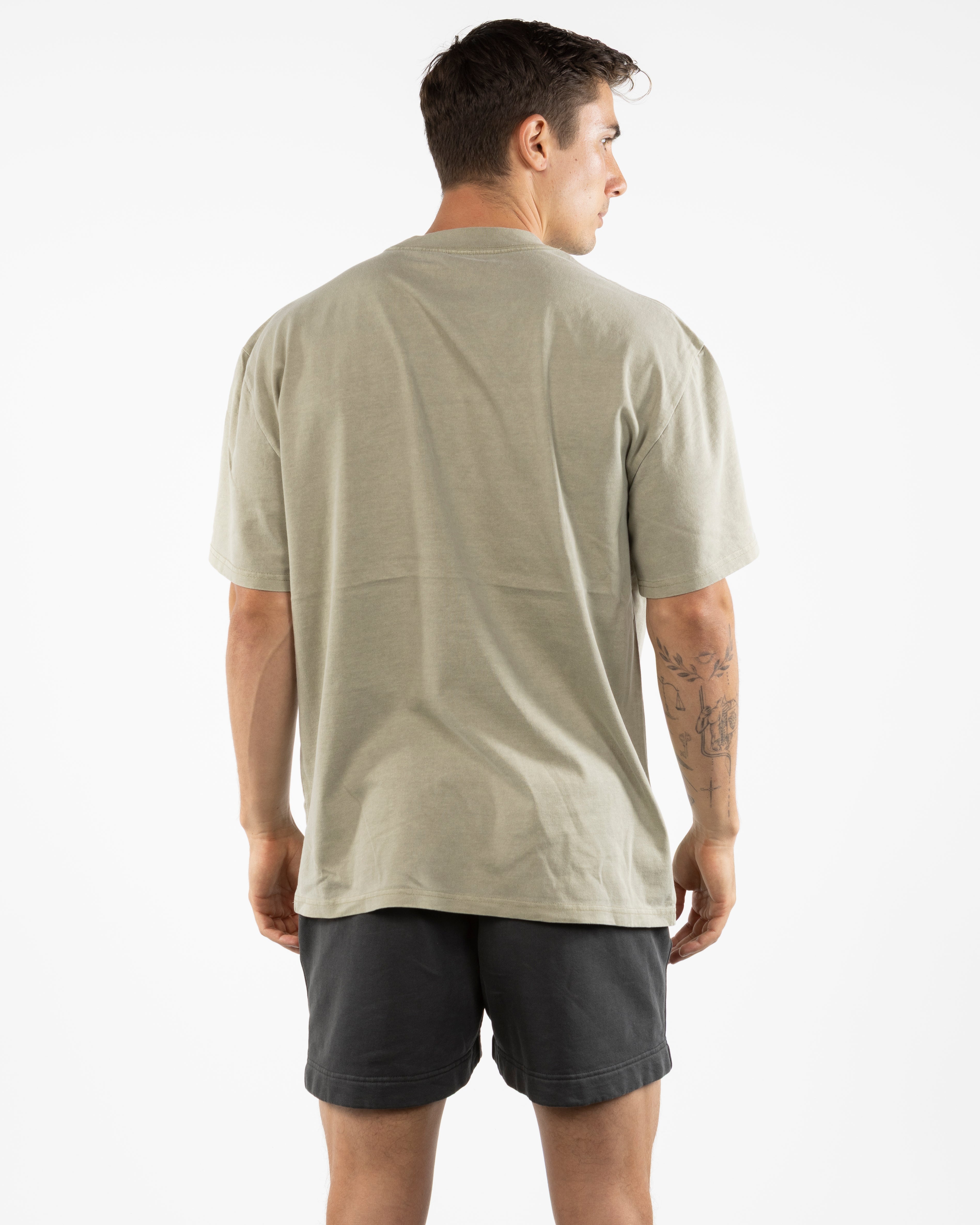 The Mens Heavyweight Tee - Washed Eucalyptus - Necessity Coffee - Left Chest & Back Image - Printed - Off White