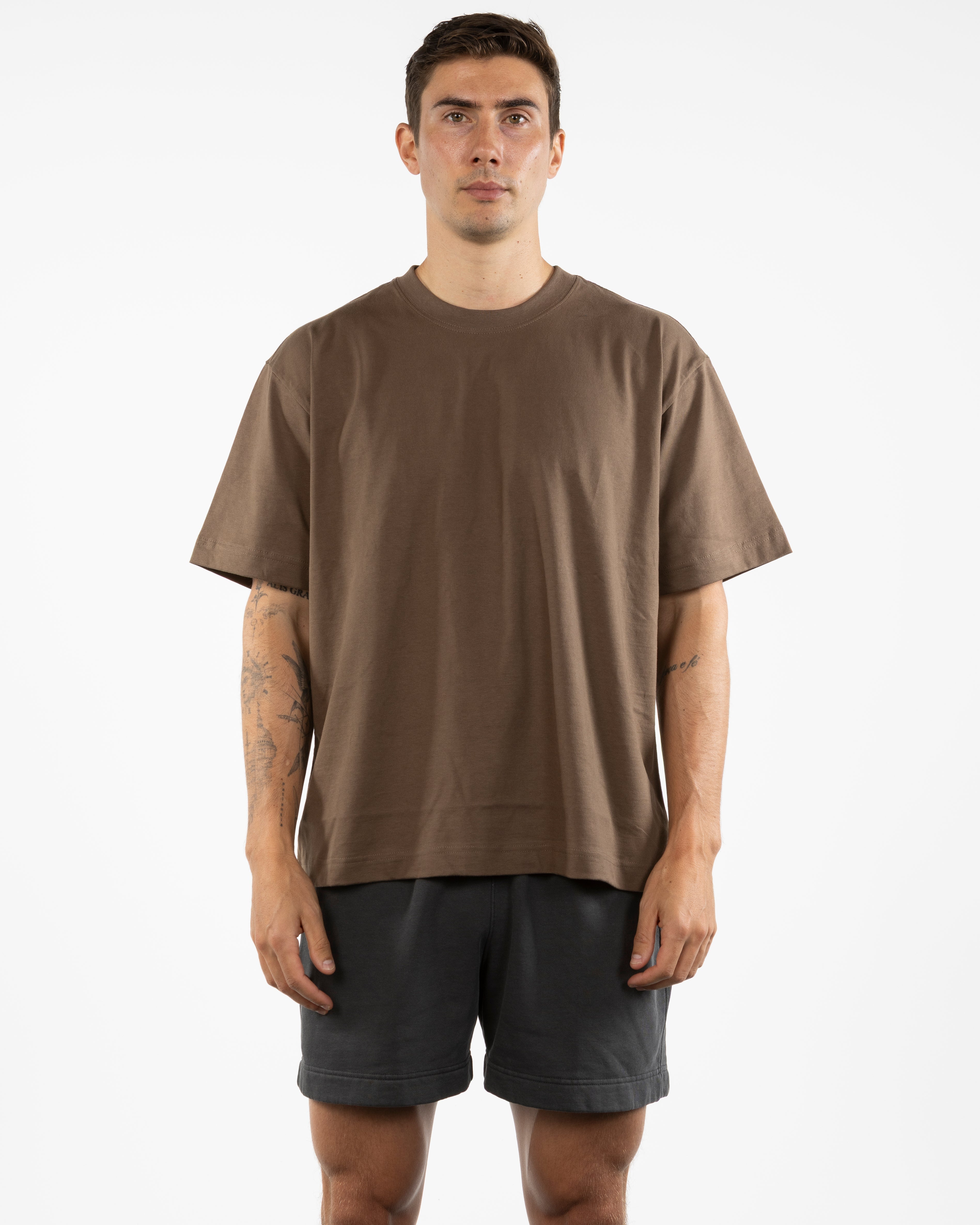 The Mens Boxy Tee - Walnut - Barnes. The Label - Left Chest & Full Back - Printed - Full Color