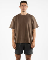 The Mens Boxy Tee - Walnut - Bare Pilates - Left Chest - Printed - White