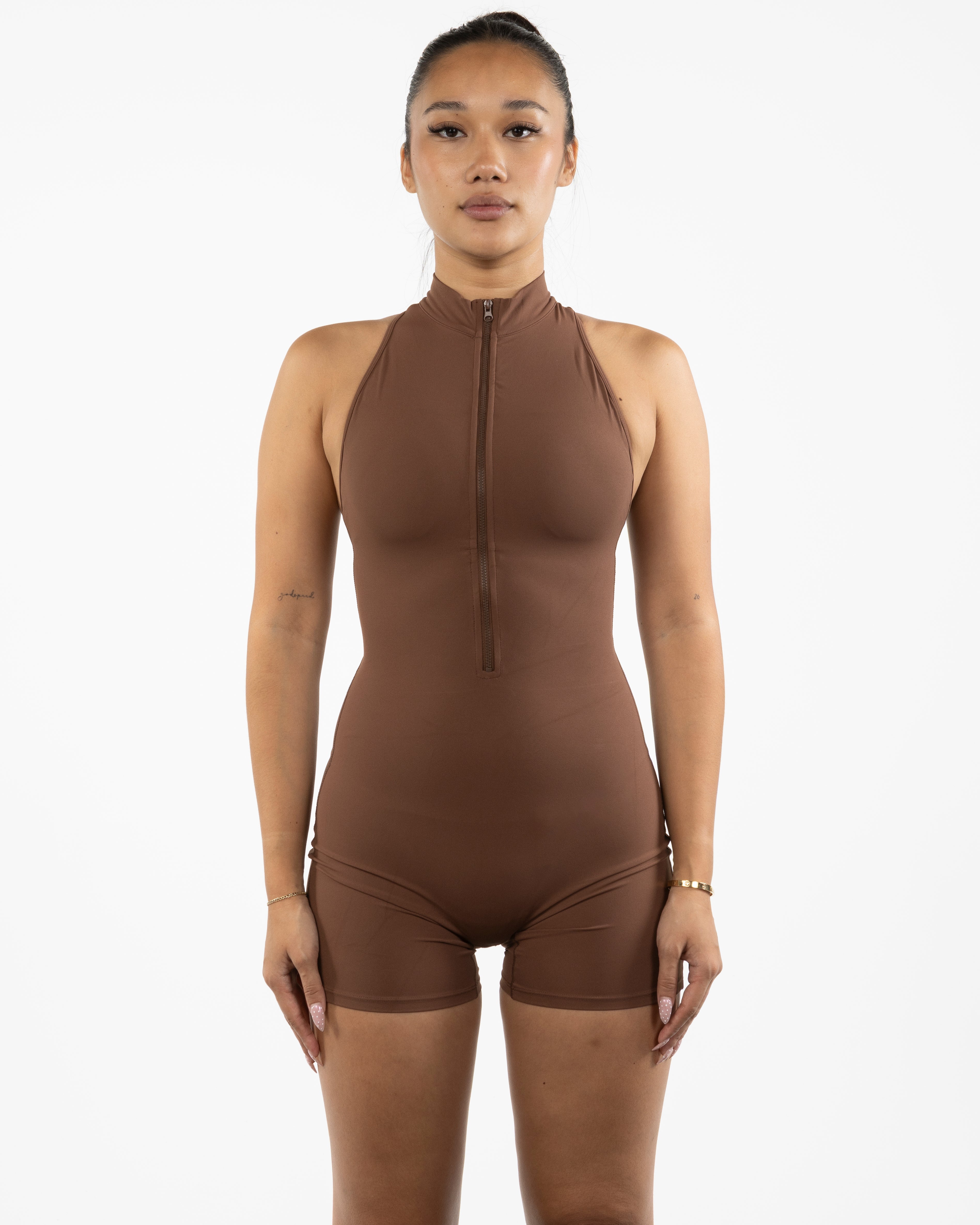The High Neck Zip Jumpsuit - Brown - The Whole You Wellness - Back Neckline - Printed - Full Color