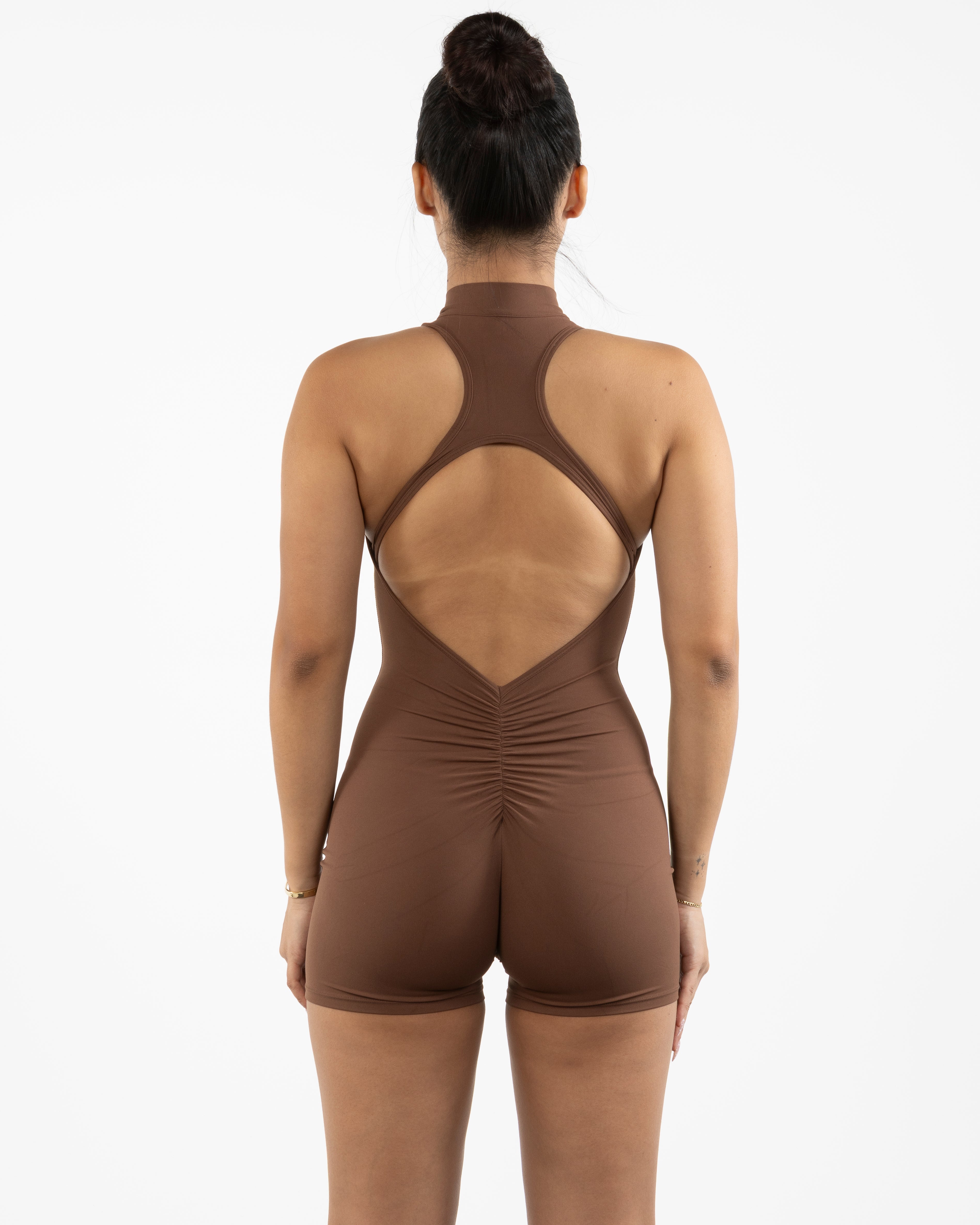 The High Neck Zip Jumpsuit - Brown - The Whole You Wellness - Back Neckline - Printed - Full Color