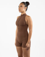 The High Neck Zip Jumpsuit - Brown - The Whole You Wellness - Back Neckline - Printed - Full Color