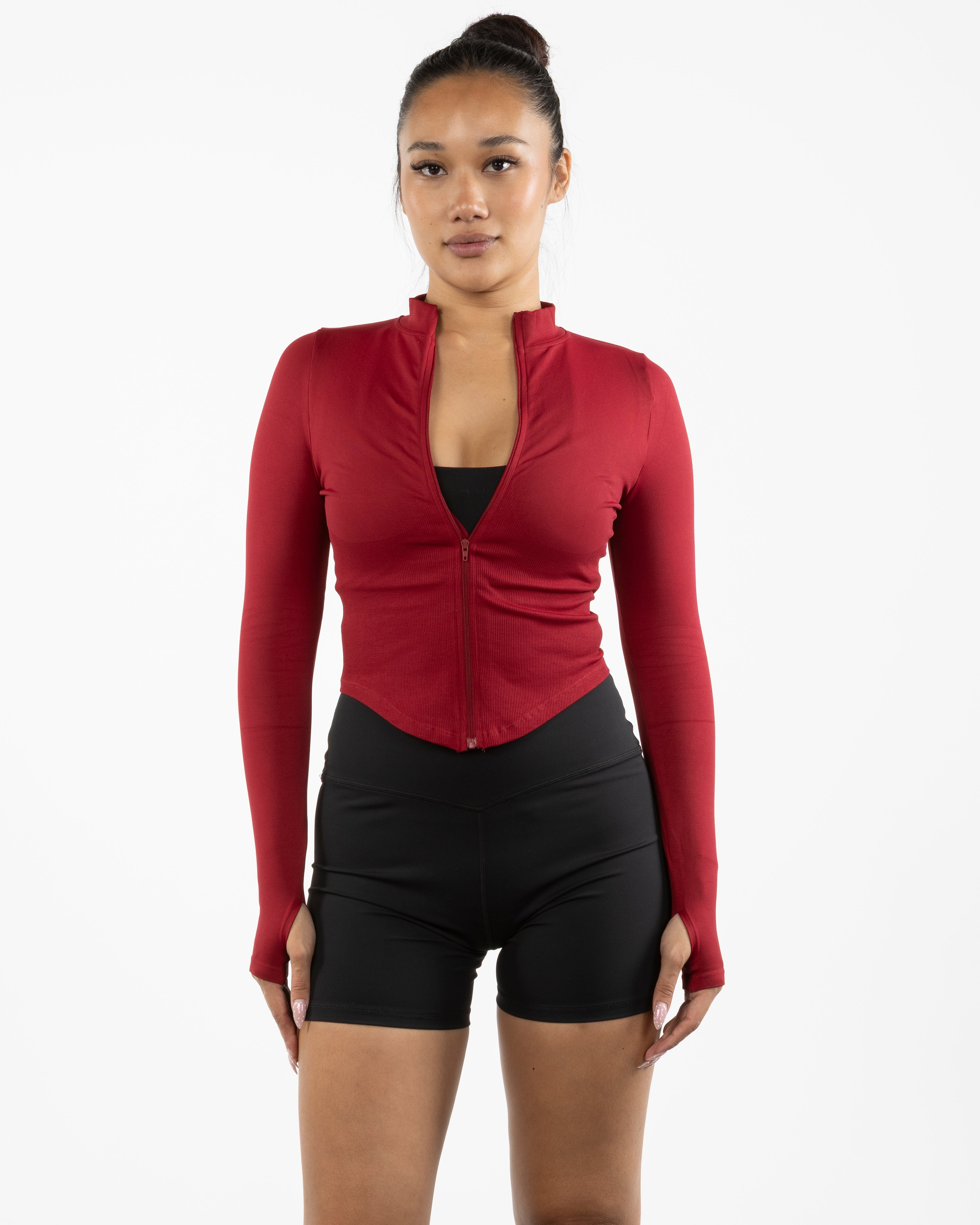 The 3/4 Crop Zip Jacket - Red - Mad House - Left Chest "MH" & Back Stacked - White