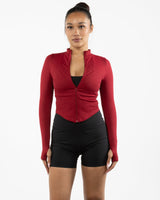 The 3/4 Crop Zip Jacket - Red - Mad House - Left Chest "MH" & Back Stacked - White