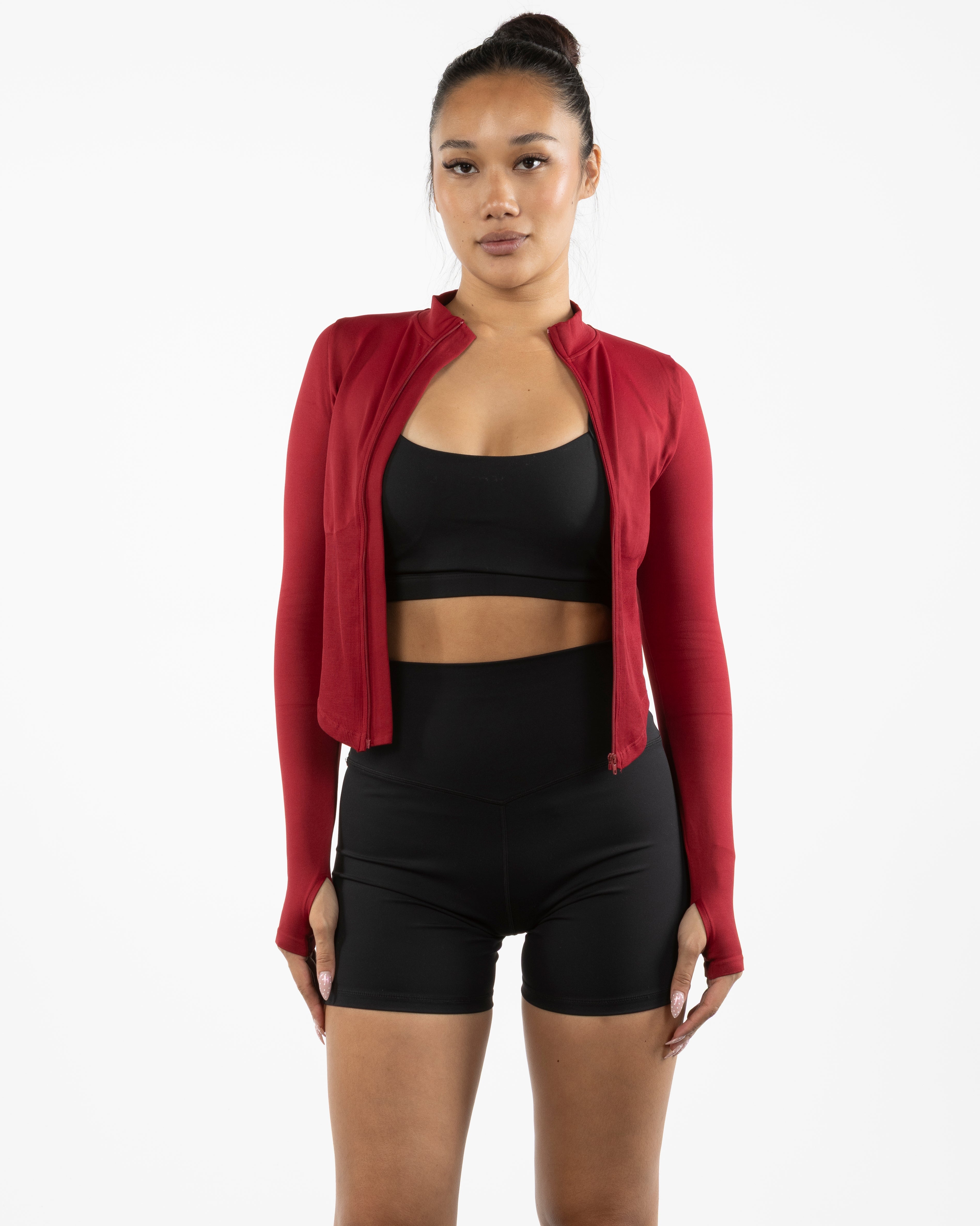 The 3/4 Crop Zip Jacket - Red - Mad House - Left Chest "MH" & Back Stacked - White