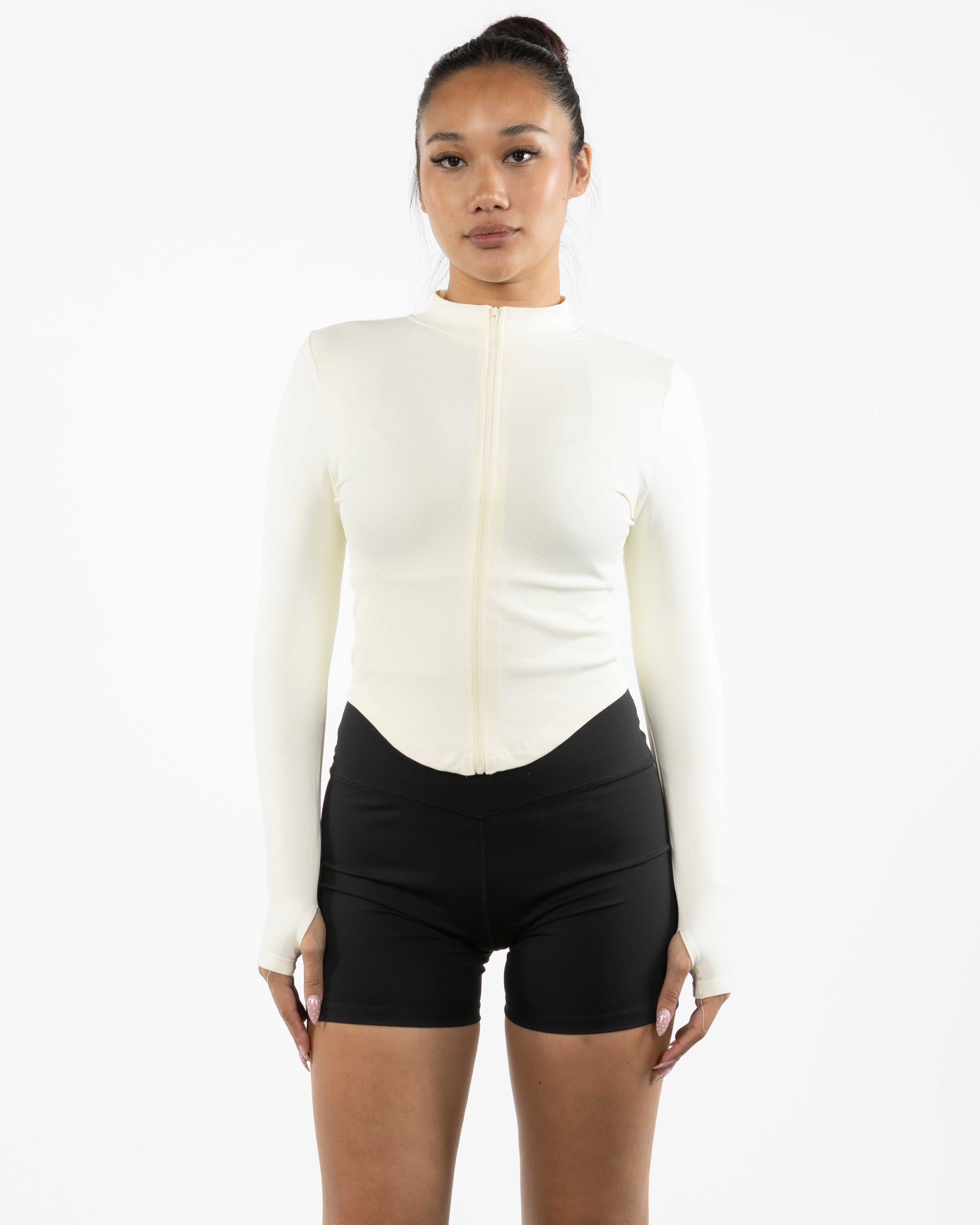 The 3/4 Crop Zip Jacket - Beige - Gladden Gains - Center Back - Printed - White