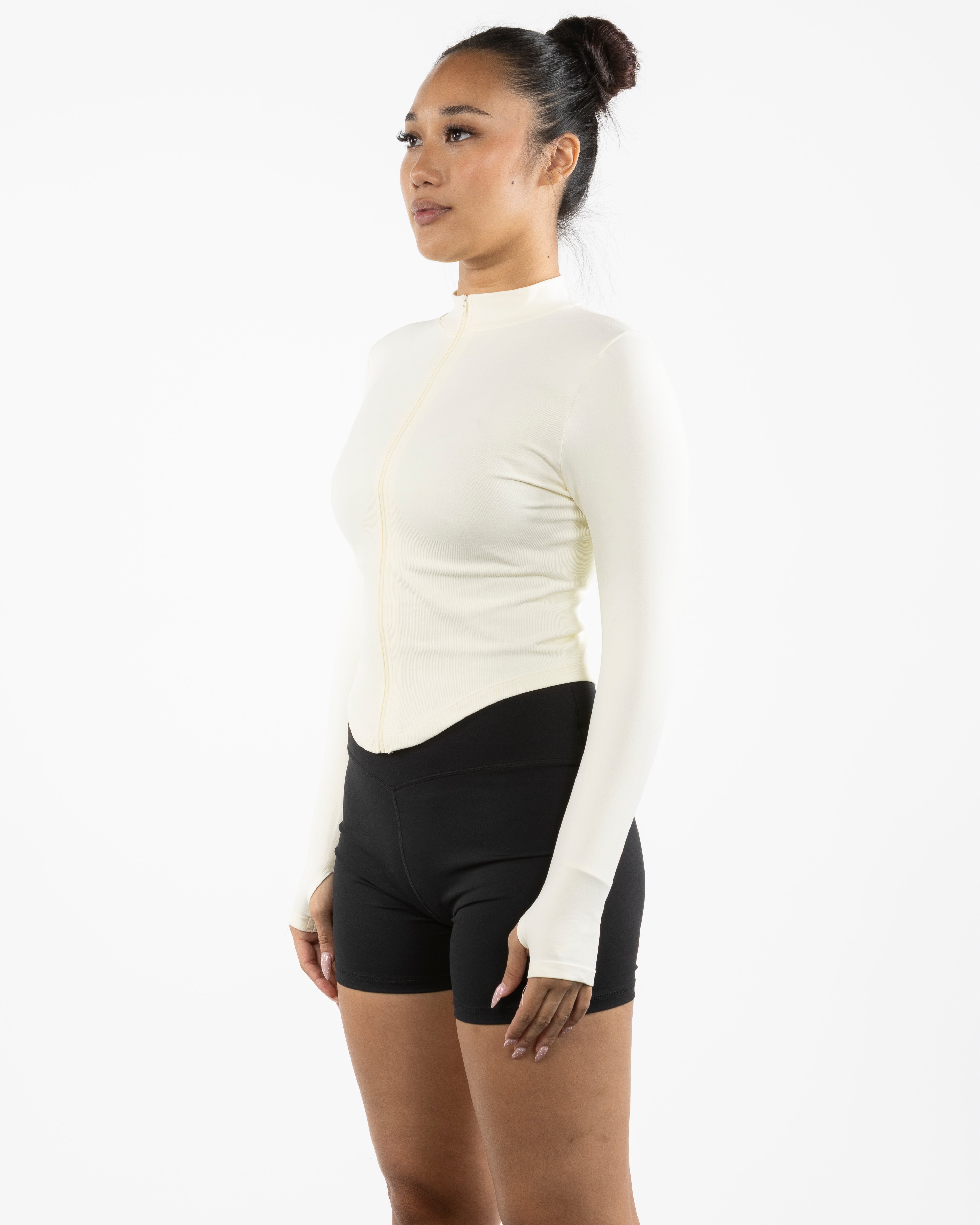 The 3/4 Crop Zip Jacket - Beige - Gladden Gains - Center Back - Printed - White