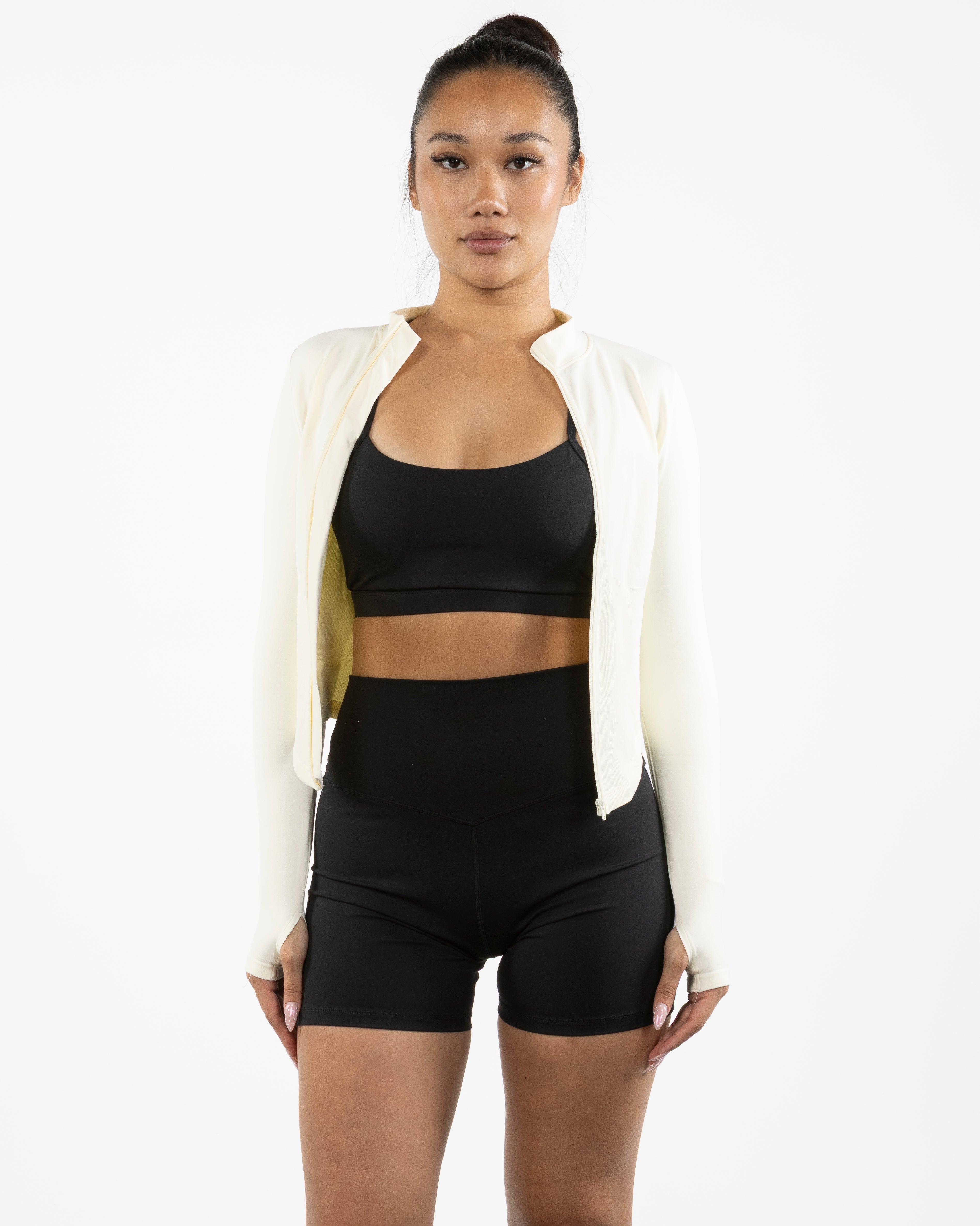 The 3/4 Crop Zip Jacket - Beige - Gladden Gains - Center Back - Printed - White