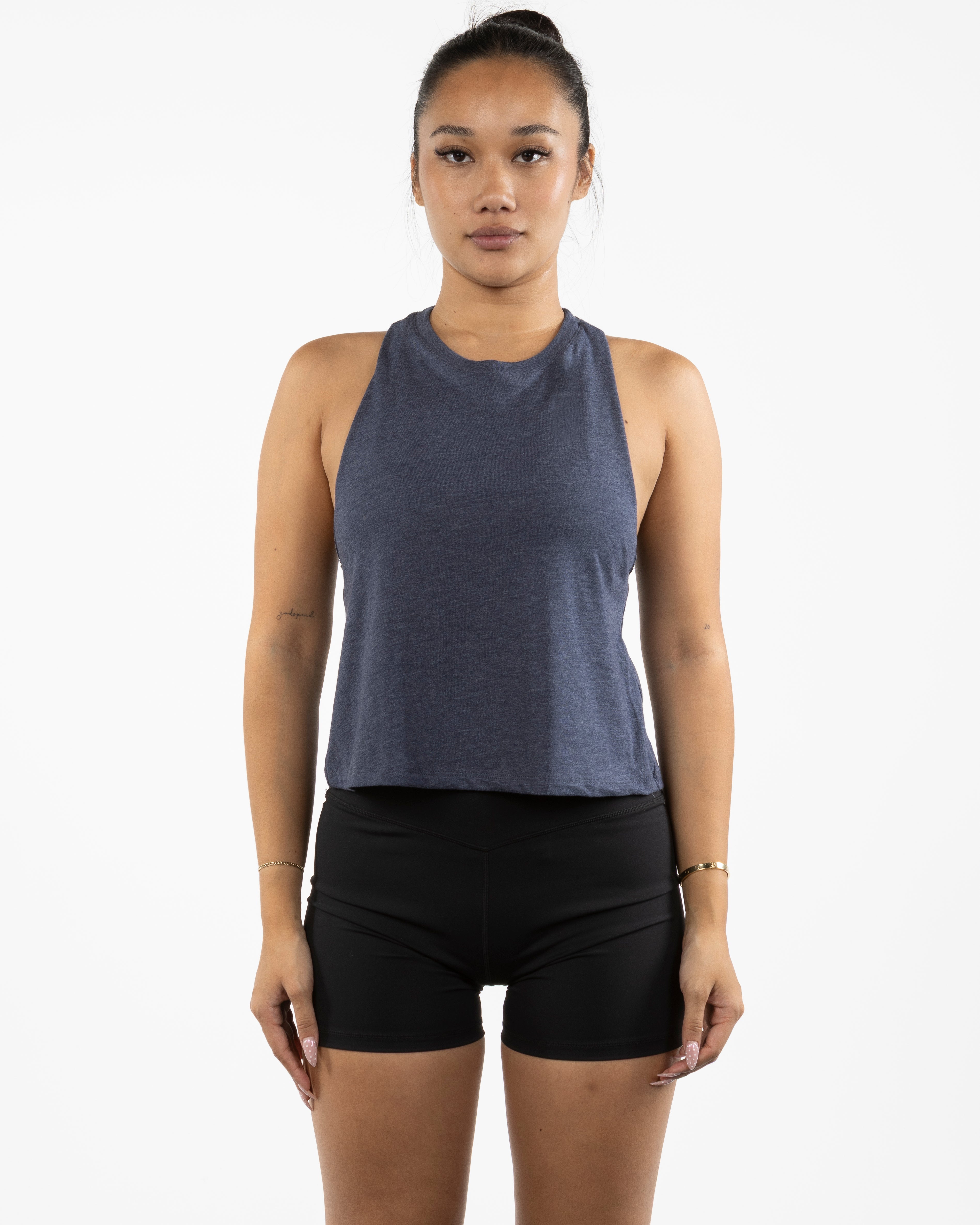 The Crop Muscle Racerback - Heather Navy - Bond Fitness - Center Chest Round - Printed - White