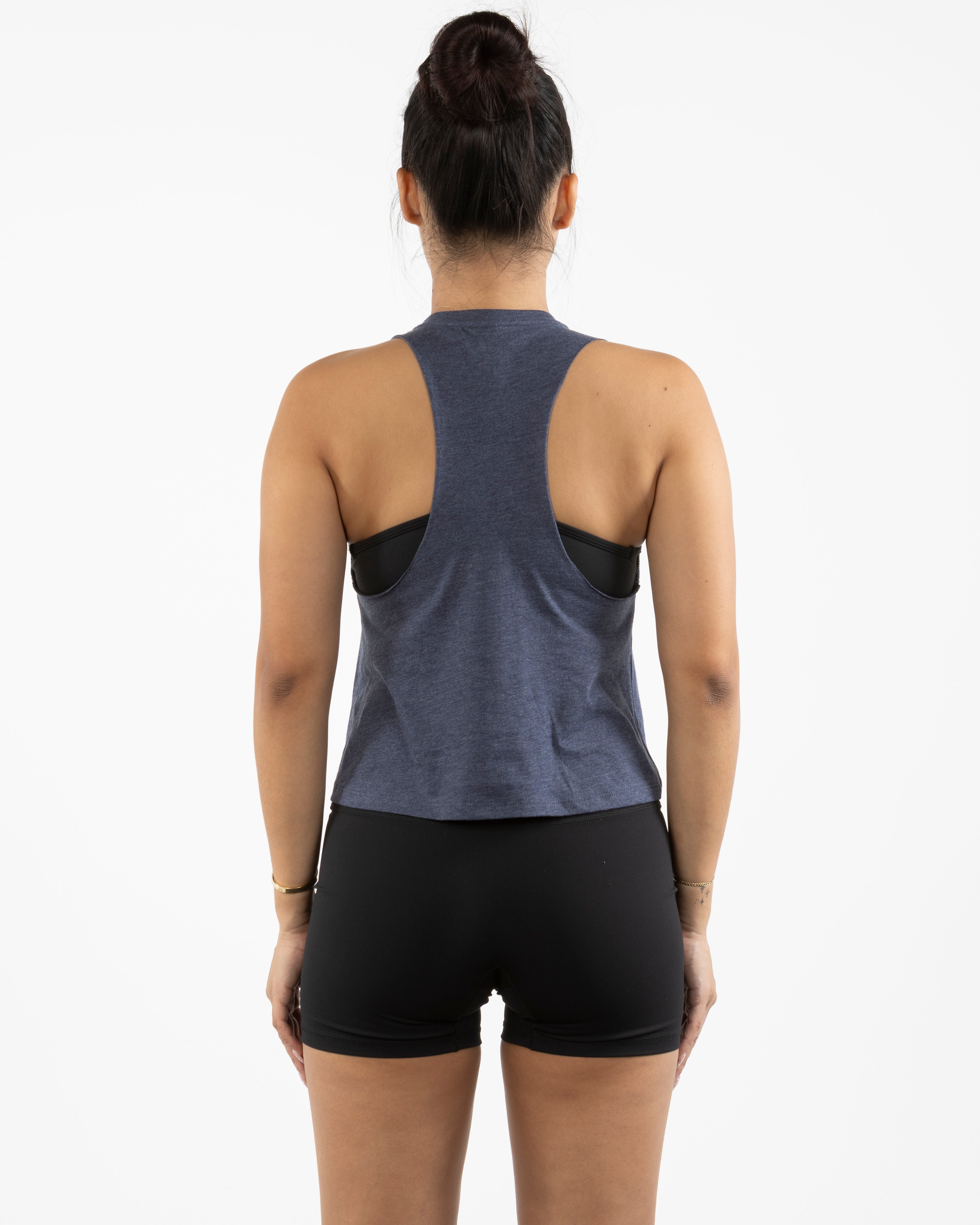 The Crop Muscle Racerback - Heather Navy - Bond Fitness - Center Chest Round - Printed - White