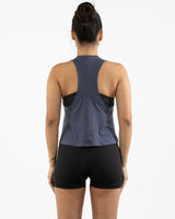 The Crop Muscle Racerback - Heather Navy - Bond Fitness - Center Chest Round - Printed - White