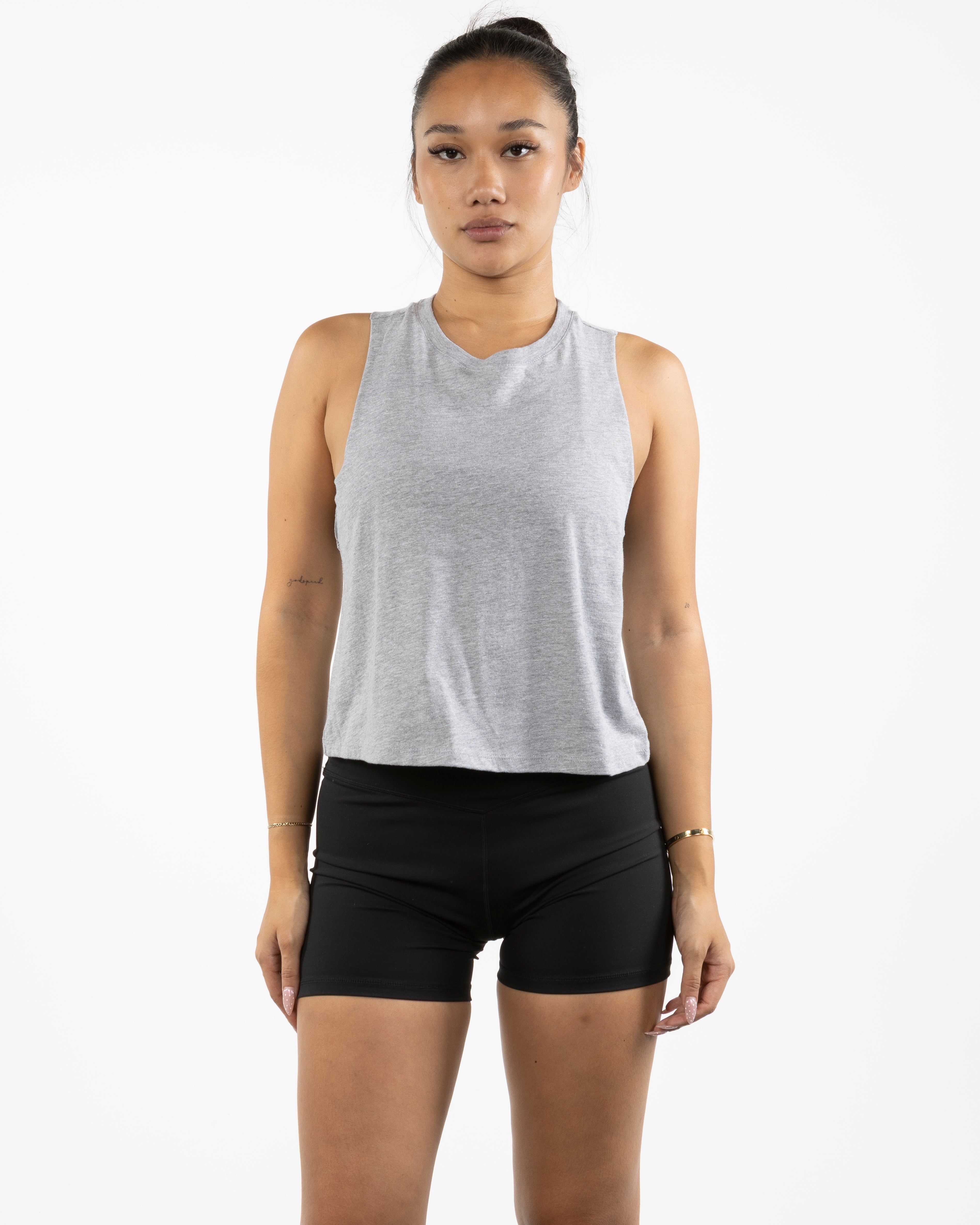 The Crop Muscle Racerback- Athletic Heather - Bodicore - Center Chest - Printed - White