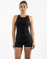 The Womens Active Crop Tank - Black - Rush Cycle Studio - Center Chest Stacked - Printed - White