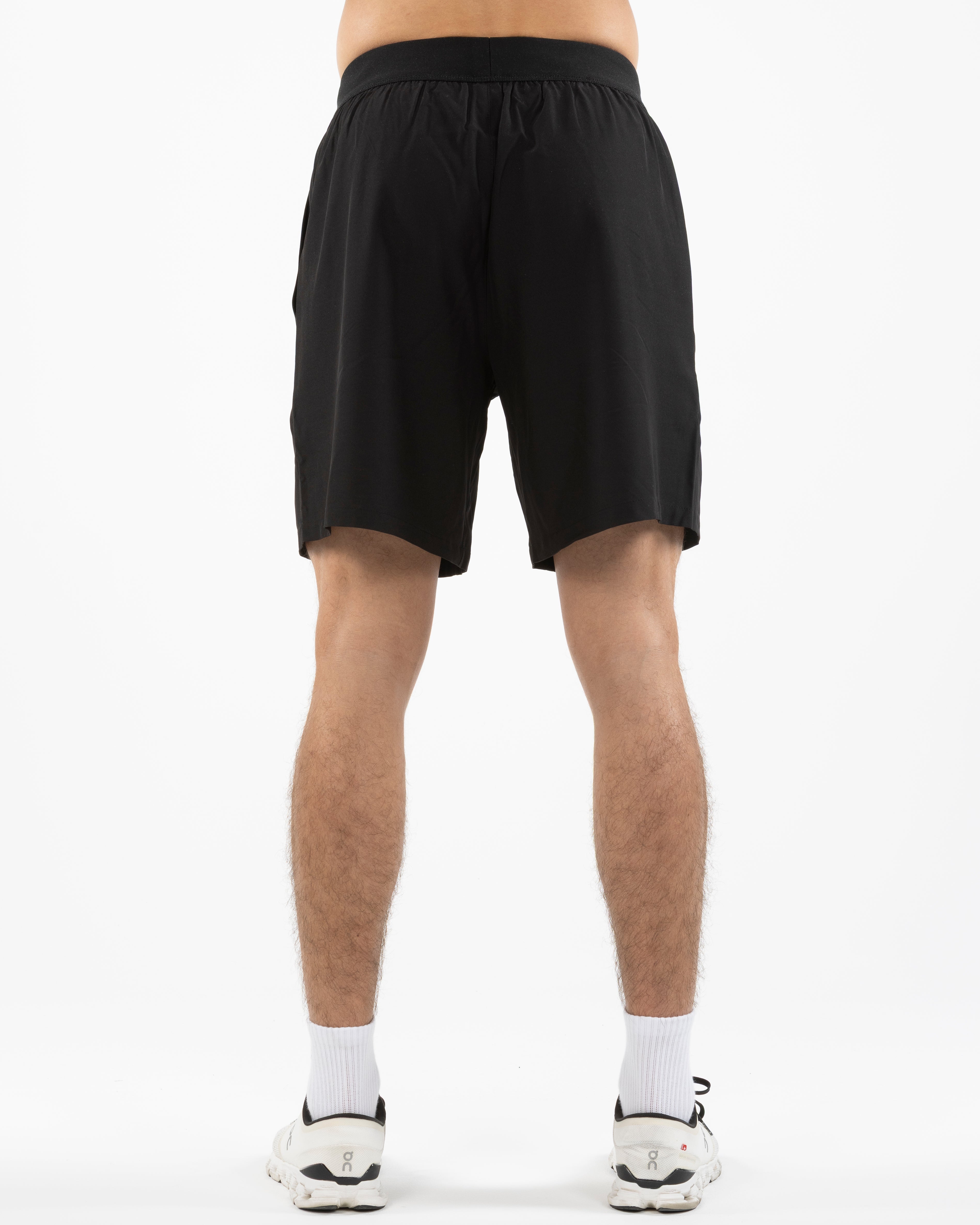 The Mens Active Short  - Black - The Platform Studio - Left leg & Bottom Right - Printed - White