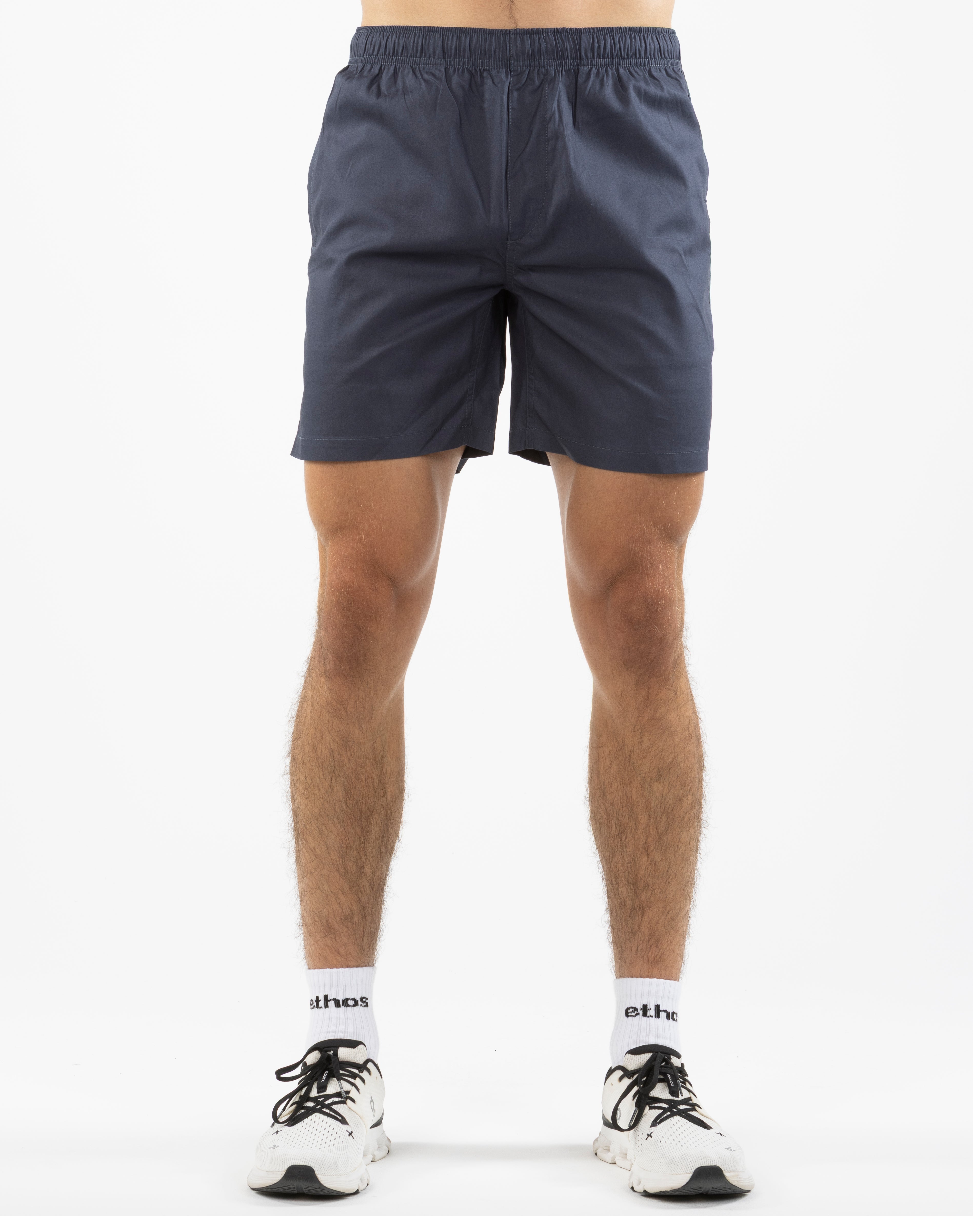 The Mens Beach Short - Petrol Blue - Rush Cycle Studio - Left Leg Stacked - Printed - Full Color