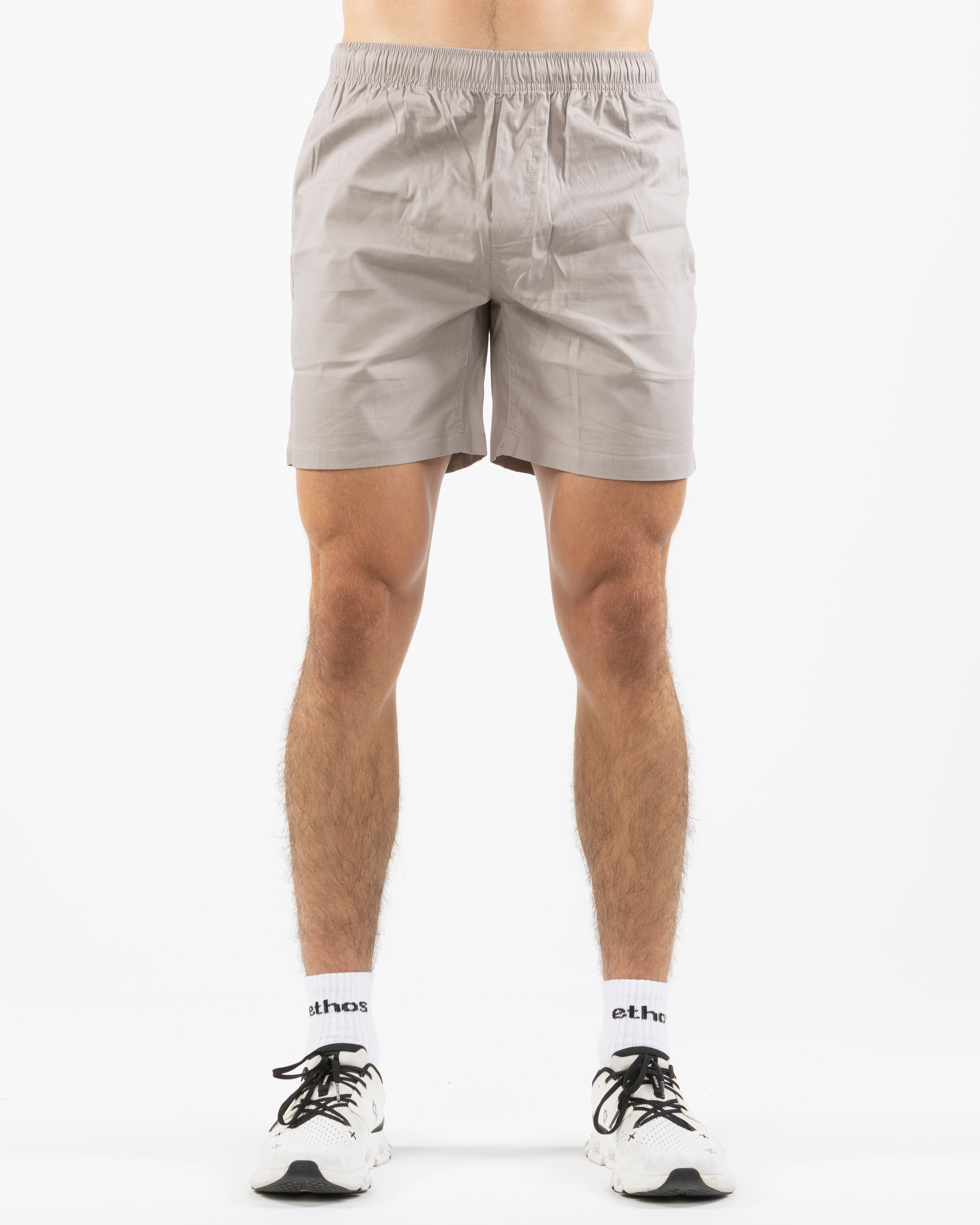 The Mens Beach Short - Mushroom - Pilates Powerhouse - Left Leg - Icon - Printed - Black