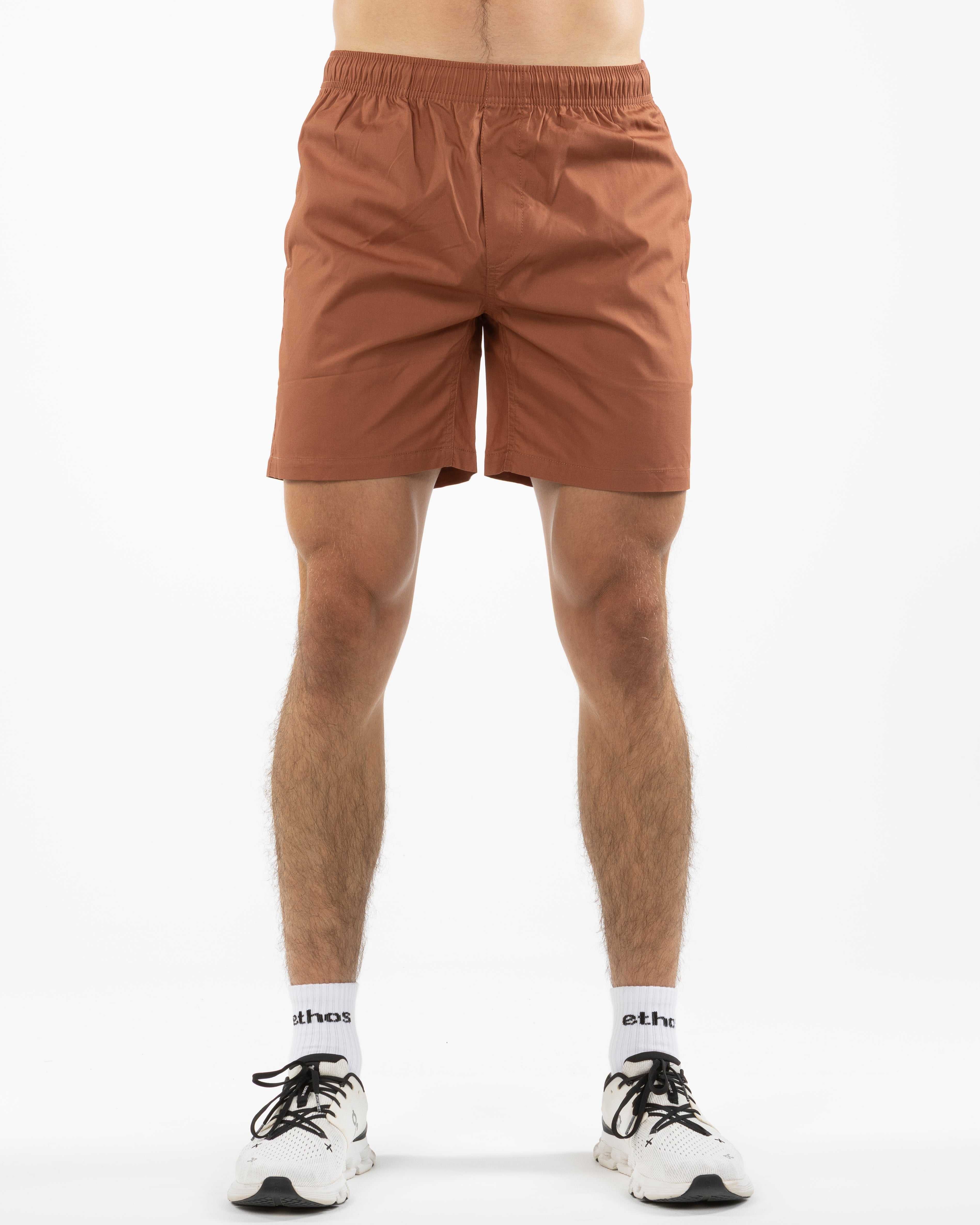 The Mens Beach Short - Clay - Rush Cycle Studio - Left Leg Stacked - Printed - Full color