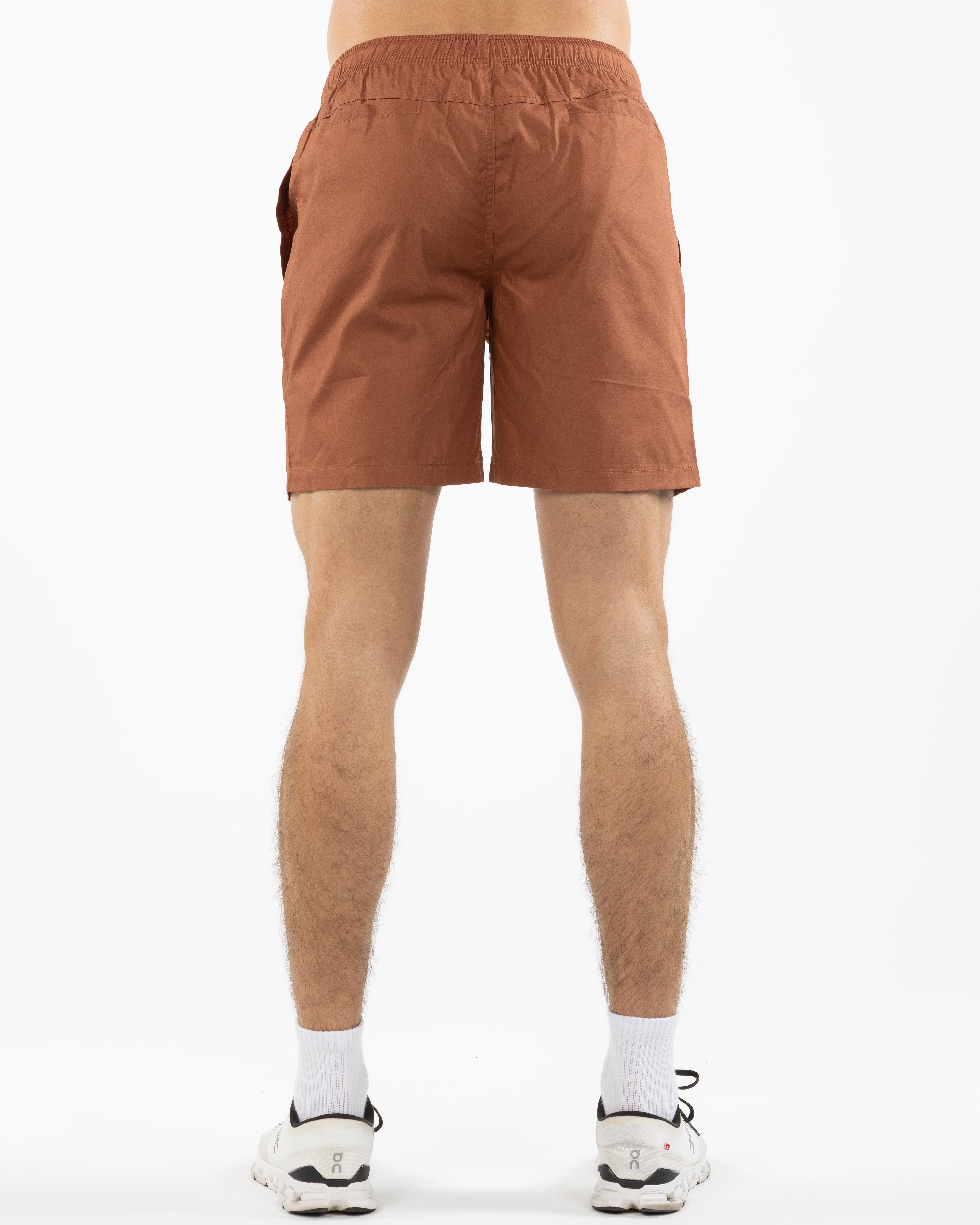 The Mens Beach Short - Clay - Rush Cycle Studio - Left Leg Stacked - Printed - Full color