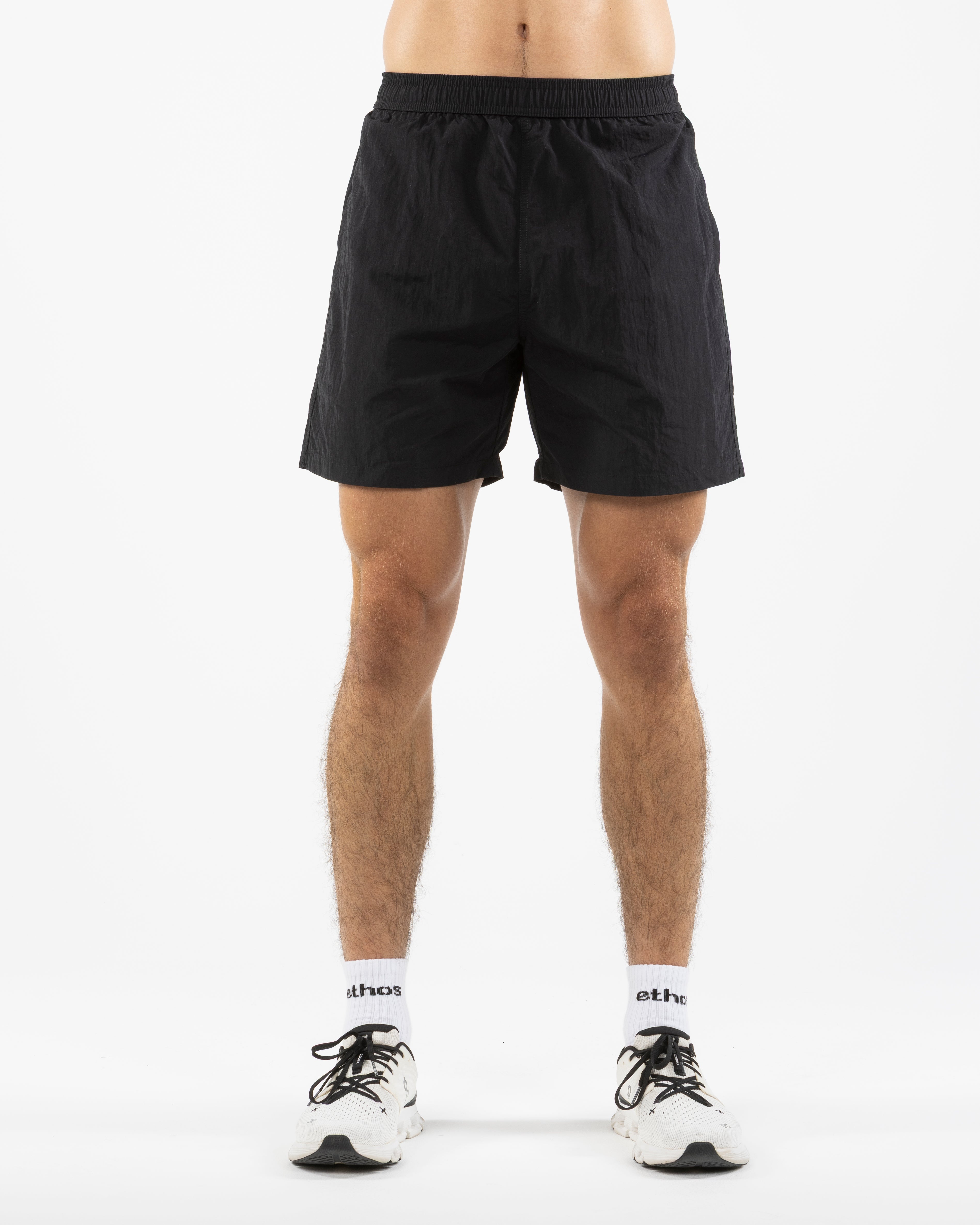 The Mens Swim Short - Black - Gladden Gains - Left Leg - Printed - White